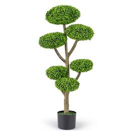 Costway - 1 PCS Artificial Sesame Leaf Topiary, 6 Balls Topiary Tree with Realistic Trunk, Base - Green + Natural + Black