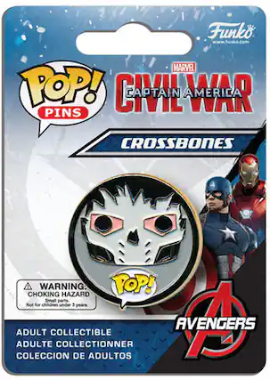 Funko www.funko.com
MARVEL POP! PINS
CIVIL WAR CAPTAIN AMERICA CROSSBONES
WARNING: CHOKING HAZARD - Small parts. Not for children under 3 years.
ADULT COLLECTIBLE
ADULTE COLLECTIONNER
COLECCIÓN DE ADULTOS
AVENGERS