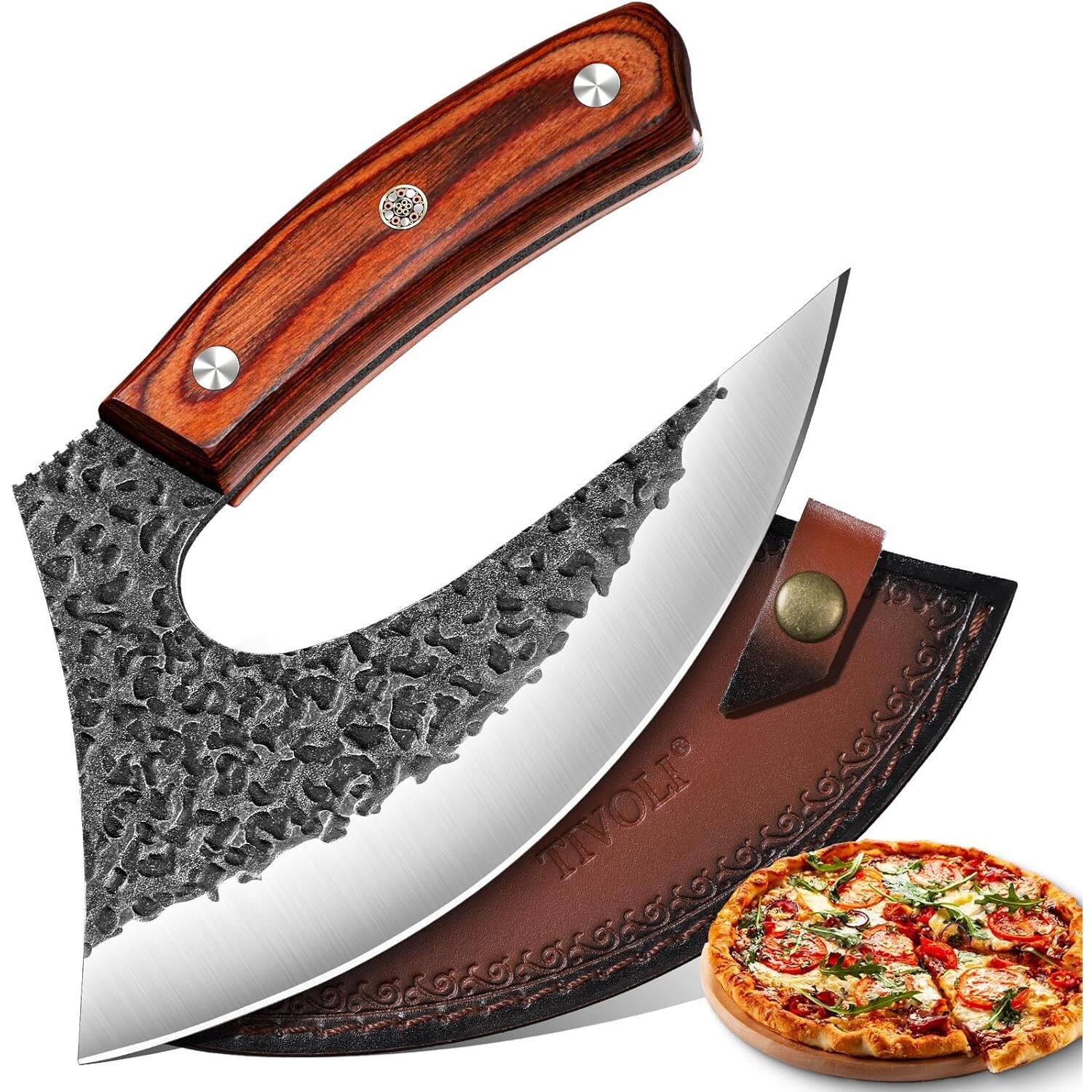 Front. PARKER SLATER - Japanese Ulu Knife with Sheath, Rosewood Handle, Pizza Cutter & Salad Chopper, Ideal Gift for Men - Brown, Silver/Grey.