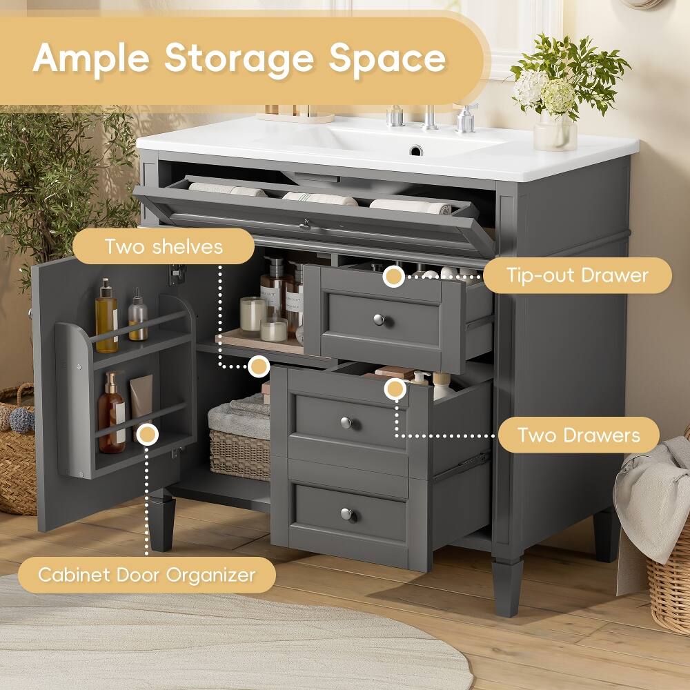 Ample Storage Space
- Two shelves
- Tip-out Drawer
- Two Drawers
- Cabinet Door Organizer