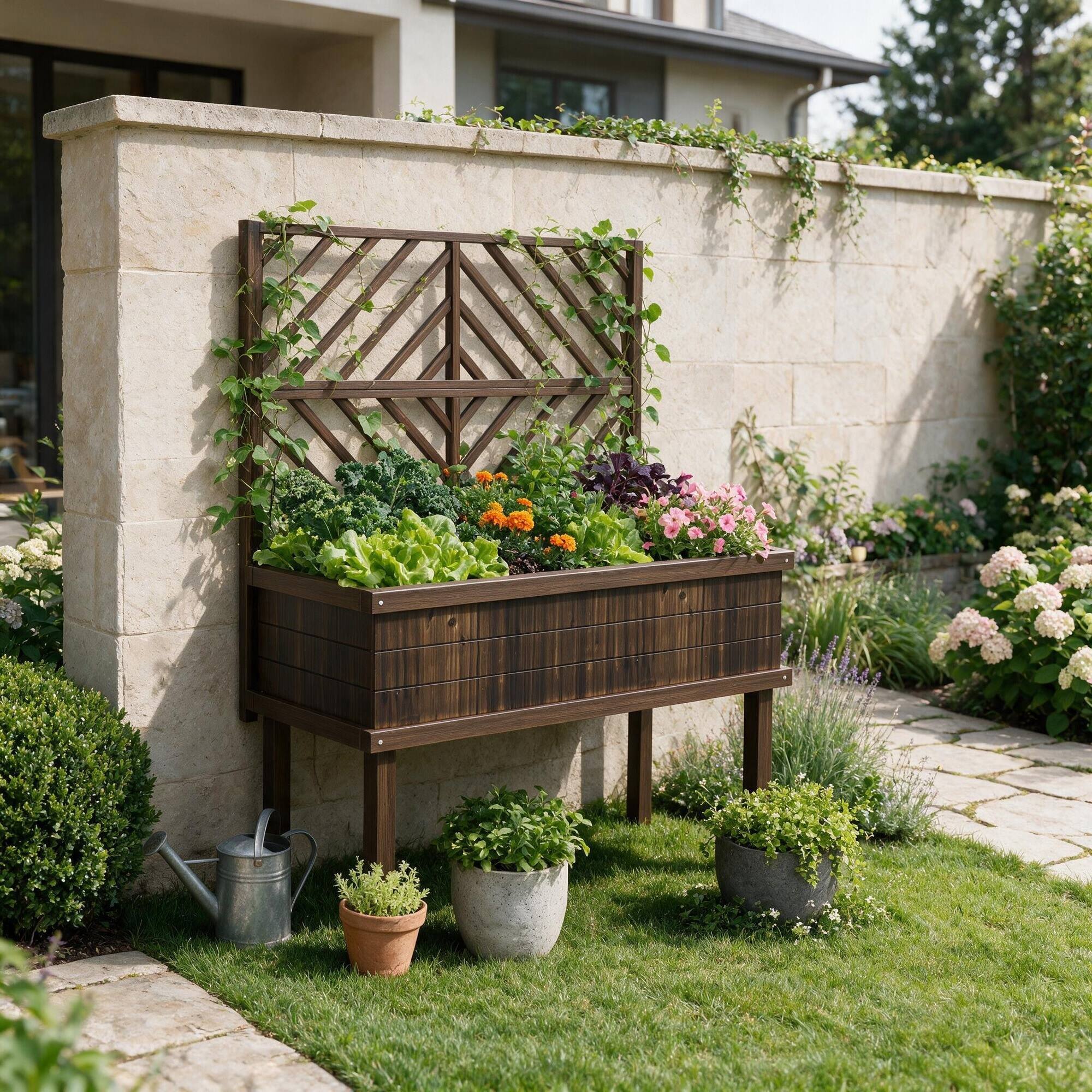 Angle. RYHNUYNE - Outsunny Raised Garden Bed with Trellis for Climbing Plants, Carbonized Fir Wood Planter with Legs, Drainage Holes - Brown.