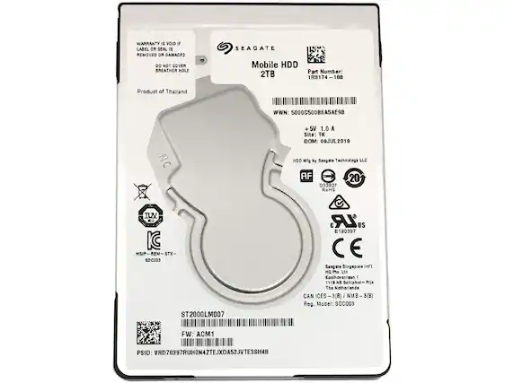 WARRANTY IS VOID IF LABEL OR SEAL IS REMOVED OR DAMAGED. DO NOT COVER BREATHER HOLE
SEAGATE Mobile HDD 2TB
Part Number: 1R8174-188
Product of Thailand
WWN: 5000C500B6A5AE9B
+5V 1.0 A
Site: TK
DOM: 09JUL2019
HDD Mfg by Seagate Technology LLC
AF 20
D33027
RoHS
IC MSIP-REM-STX- SDC003
TUV
CE
Seagate Singapore Int'l HQ Pte Ltd
Koolhavenian 1
1119
NB Schiphol-Aijk
The Netherlands
CAN ICES-3(B) / NMB-3(B) SDC003
Reg. Model: SDC003
FW: ACM1
PSID: VRD70397RUHON4ZTEJXDA52JVTE3SH4B