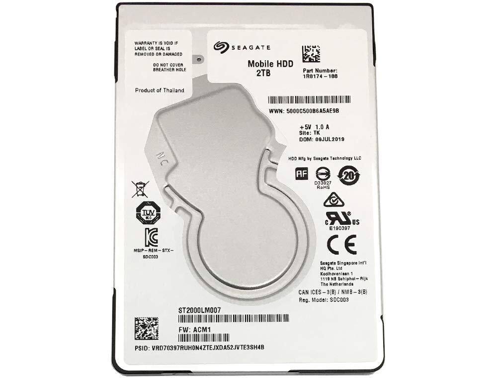 WARRANTY IS VOID IF LABEL OR SEAL IS REMOVED OR DAMAGED. DO NOT COVER BREATHER HOLE

SEAGATE Mobile HDD 2TB
Part Number: 1R8174-188
Product of Thailand
WWN: 5000C500B6A5AE9B

+5V 1.0 A
Site: TK
DOM: 09JUL2019

HDD Mfg by Seagate Technology LLC
AF 20
D33027

RoHS
IC MSIP-REM-STX- SDC003

TUV

CE

Seagate Singapore Int'l HQ Pte Ltd
Koolhavenian 1
1119
NB Schiphol-Aijk
The Netherlands
CAN ICES-3(B) / NMB-3(B) SDC003

Reg. Model: SDC003
FW: ACM1
PSID: VRD70397RUHON4ZTEJXDA52JVTE3SH4B
