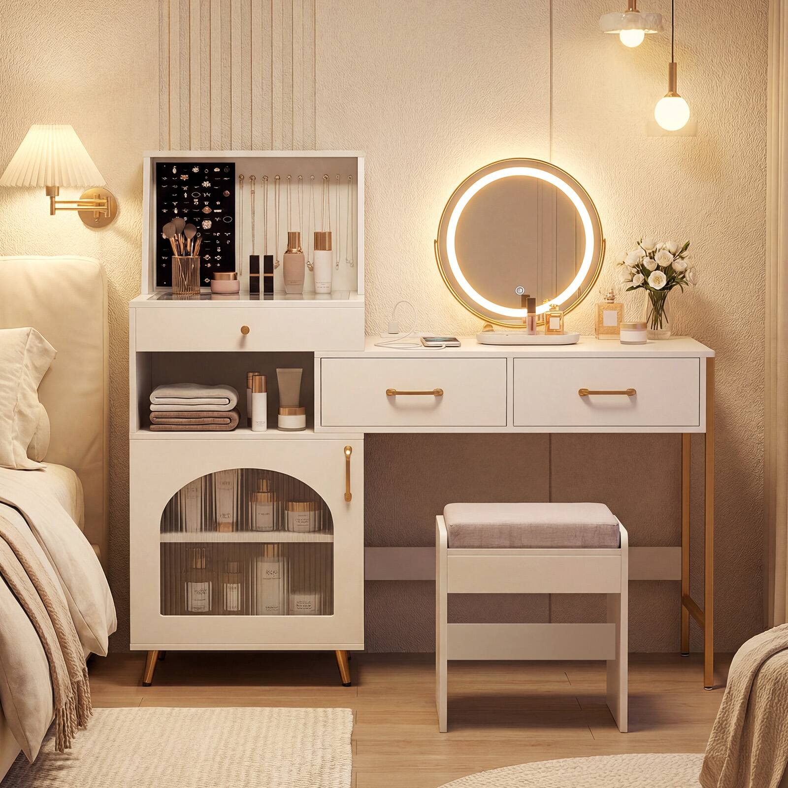 Alt View 3. Costway - Costway Vanity Desk with Mirror and Lights, 3 Lighting Modes, Glass Desktop, 3 Drawers - White.