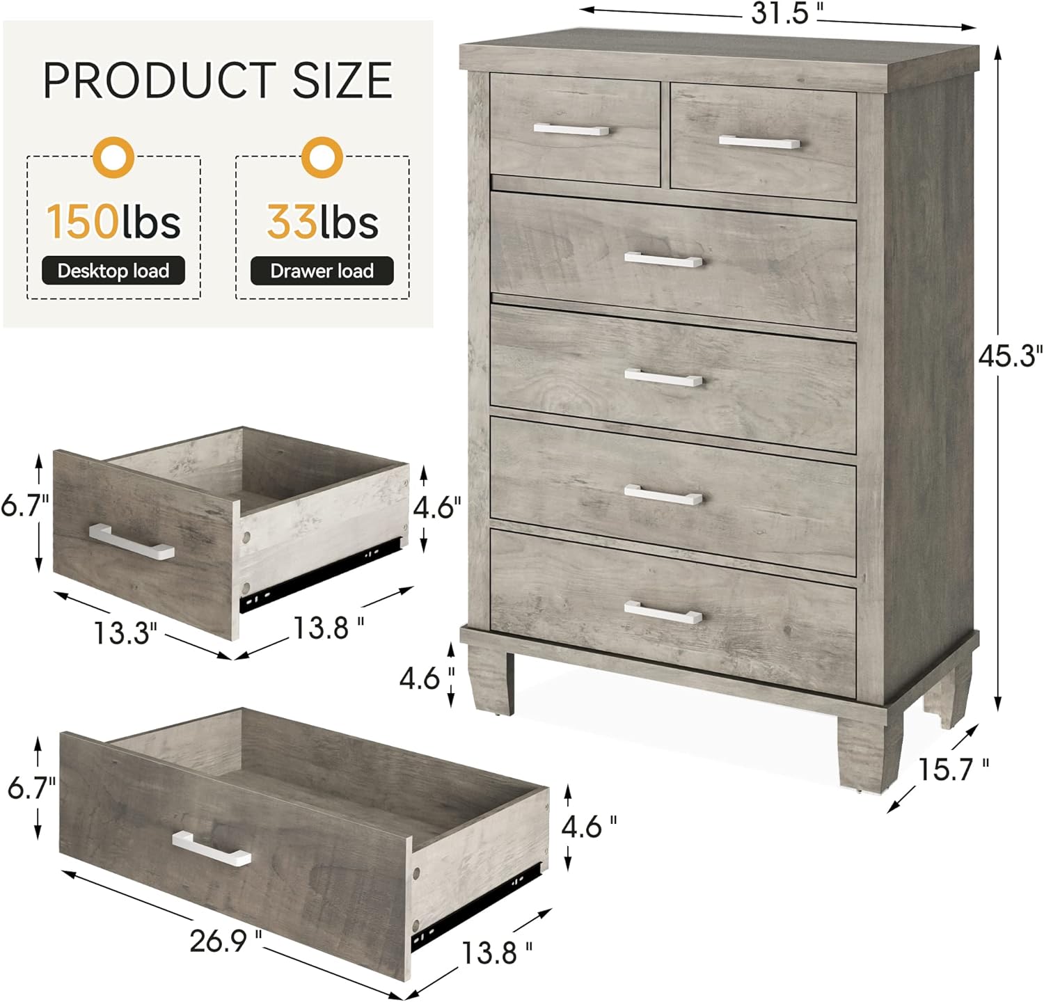 PRODUCT SIZE

150lbs Desktop load  
33lbs Drawer load

31.5"  
45.3"  
15.7"  
13.8"  
13.3"  
6.7"  
4.6"  
26.9"  
13.8"  
6.7"  
4.6"