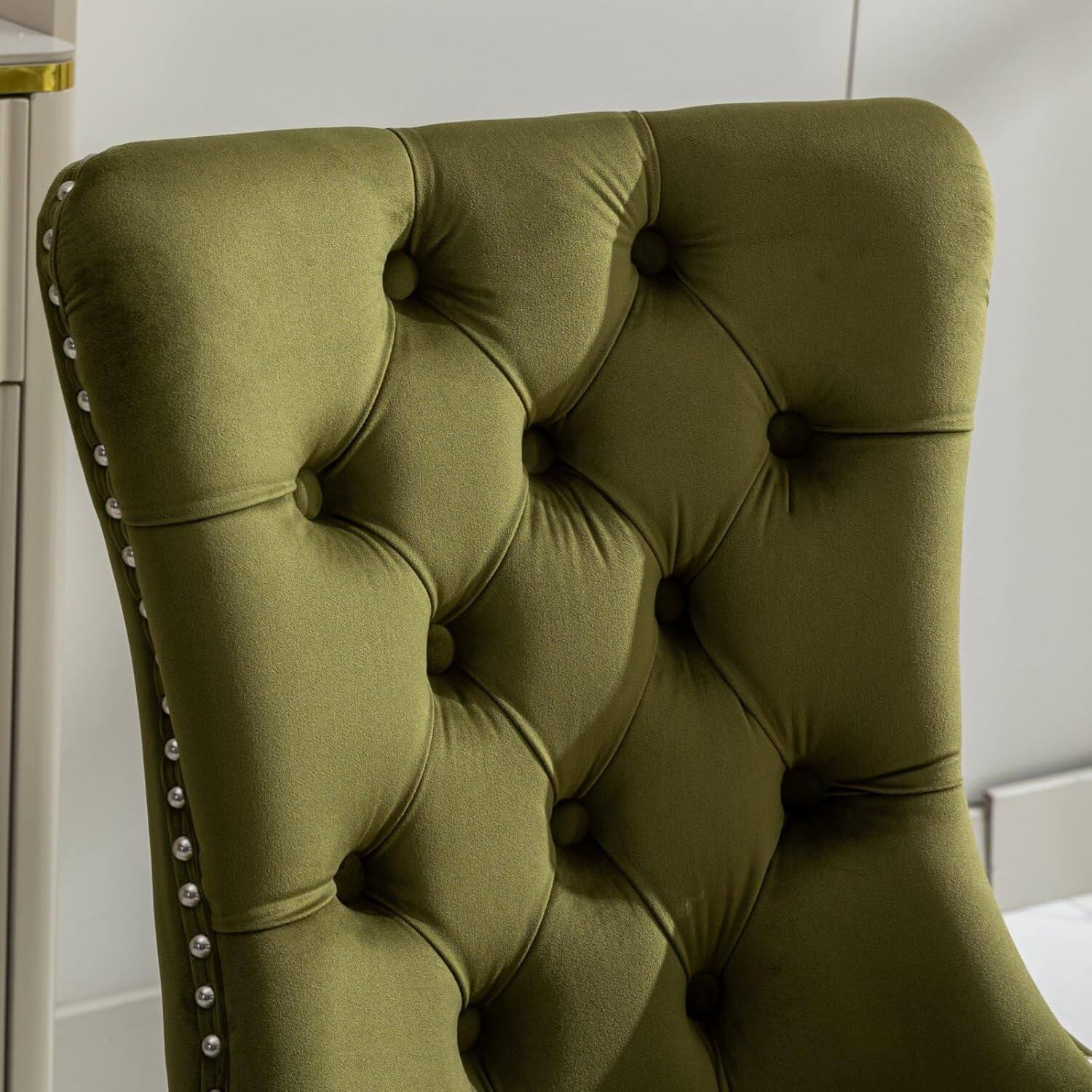 Alt View 3. Trinkets Crazed - Velvet Dining Chair Set of 2 Upholstered Tufted Dining Room Chair with Nailhead Trim - olive green.
