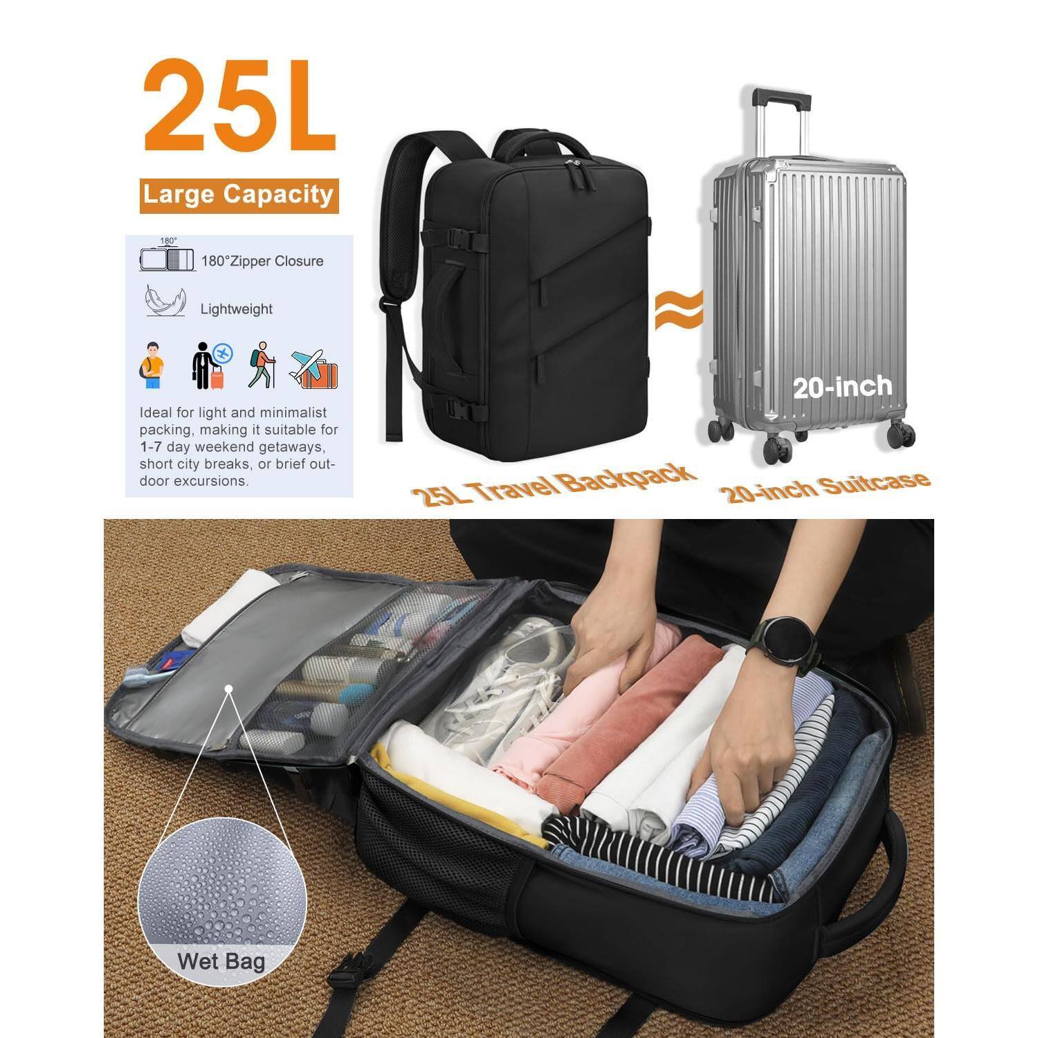 25L Large Capacity

180° Zipper Closure
Lightweight

Ideal for light and minimalist packing, making it suitable for 1-7 day weekend getaways, short city breaks, or brief outdoor excursions.

25L Travel Backpack
20-inch Suitcase

20-inch

Wet Bag