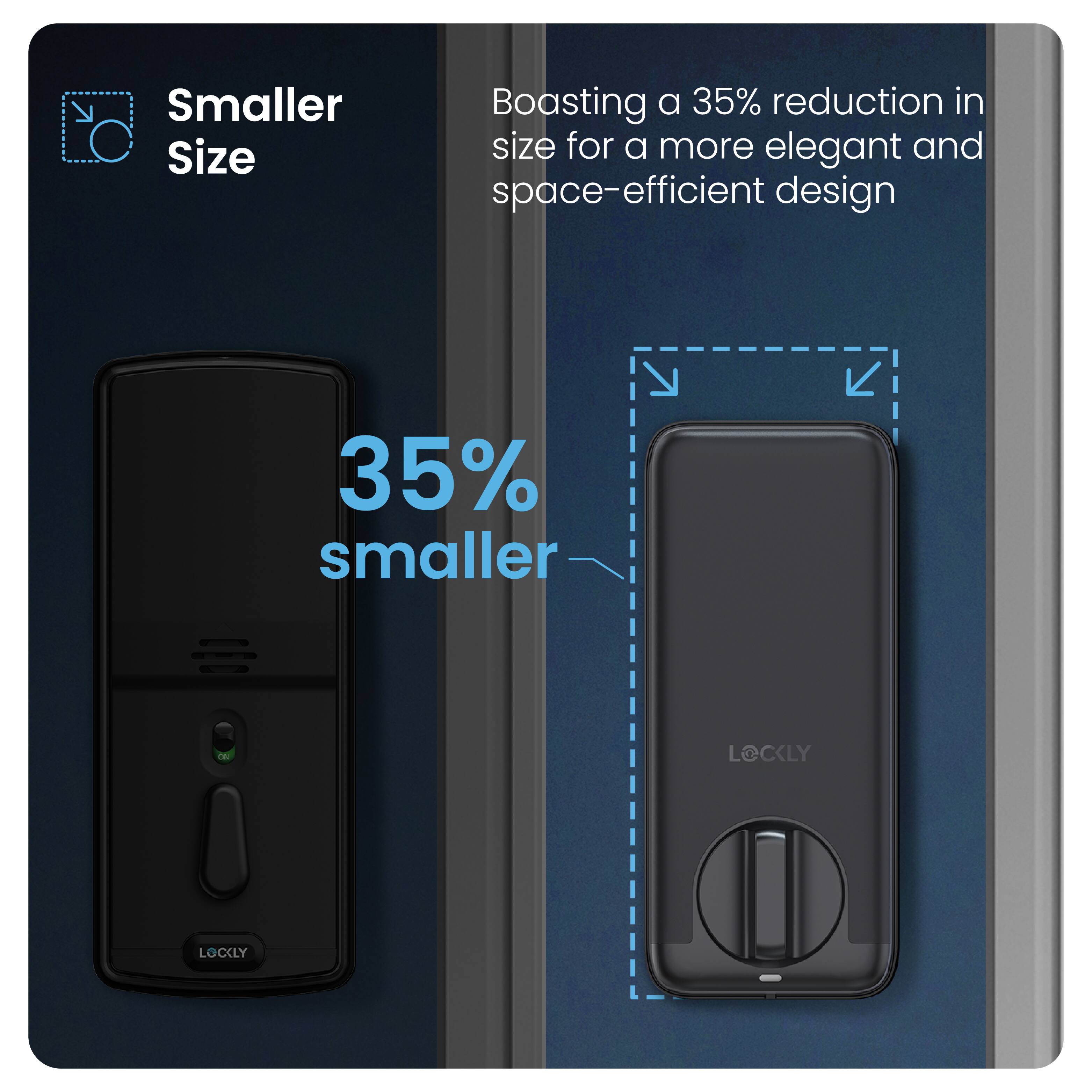 The image features a smaller door lock, which is 35% smaller than a standard door lock. The lock is designed for a more elegant and space-efficient design, making it an attractive option for those looking to save space or add a modern touch to their home or office.