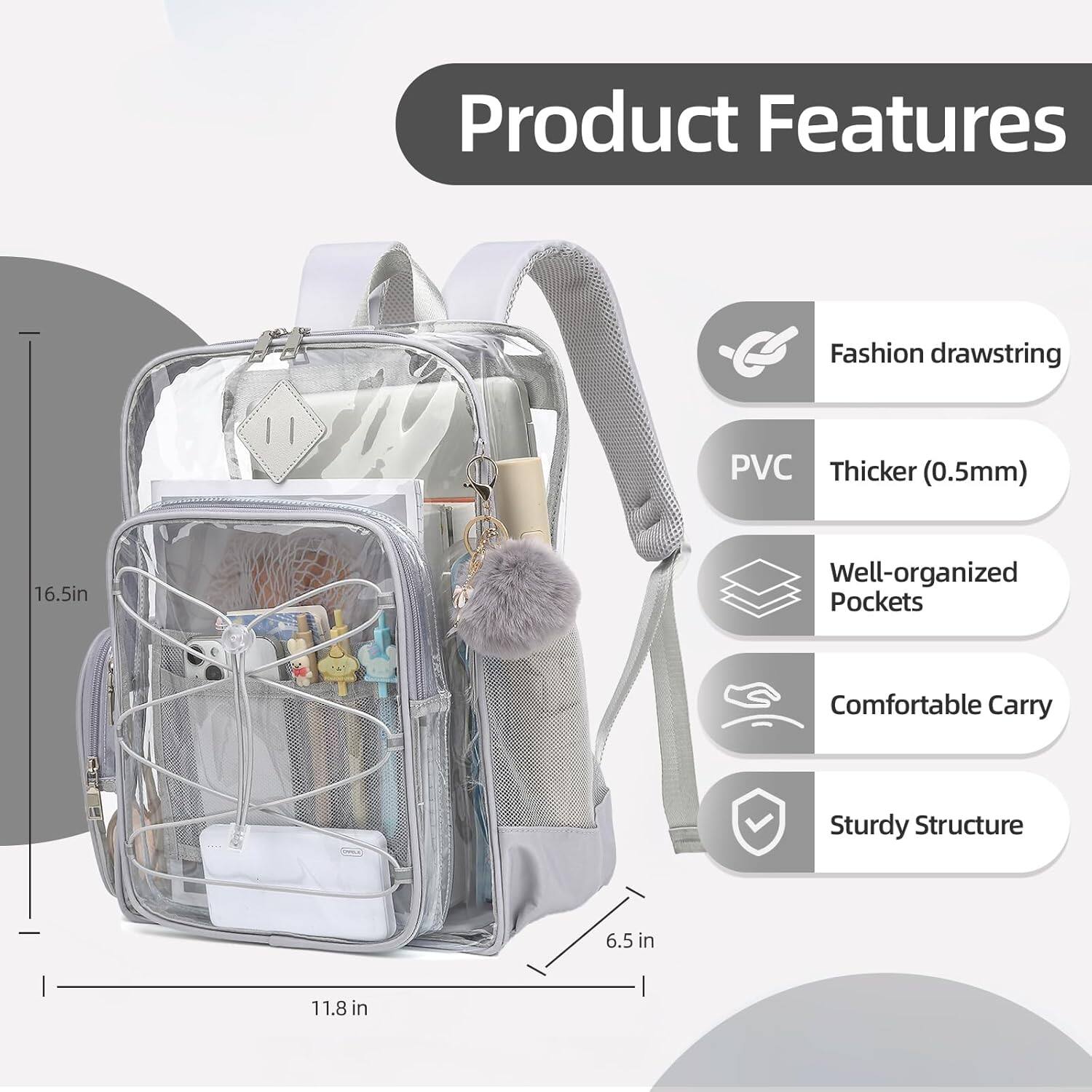 Product Features

- Fashion drawstring
- PVC Thicker (0.5mm)
- Well-organized Pockets
- Comfortable Carry
- Sturdy Structure

Dimensions:
- 16.5 in
- 11.8 in
- 6.5 in