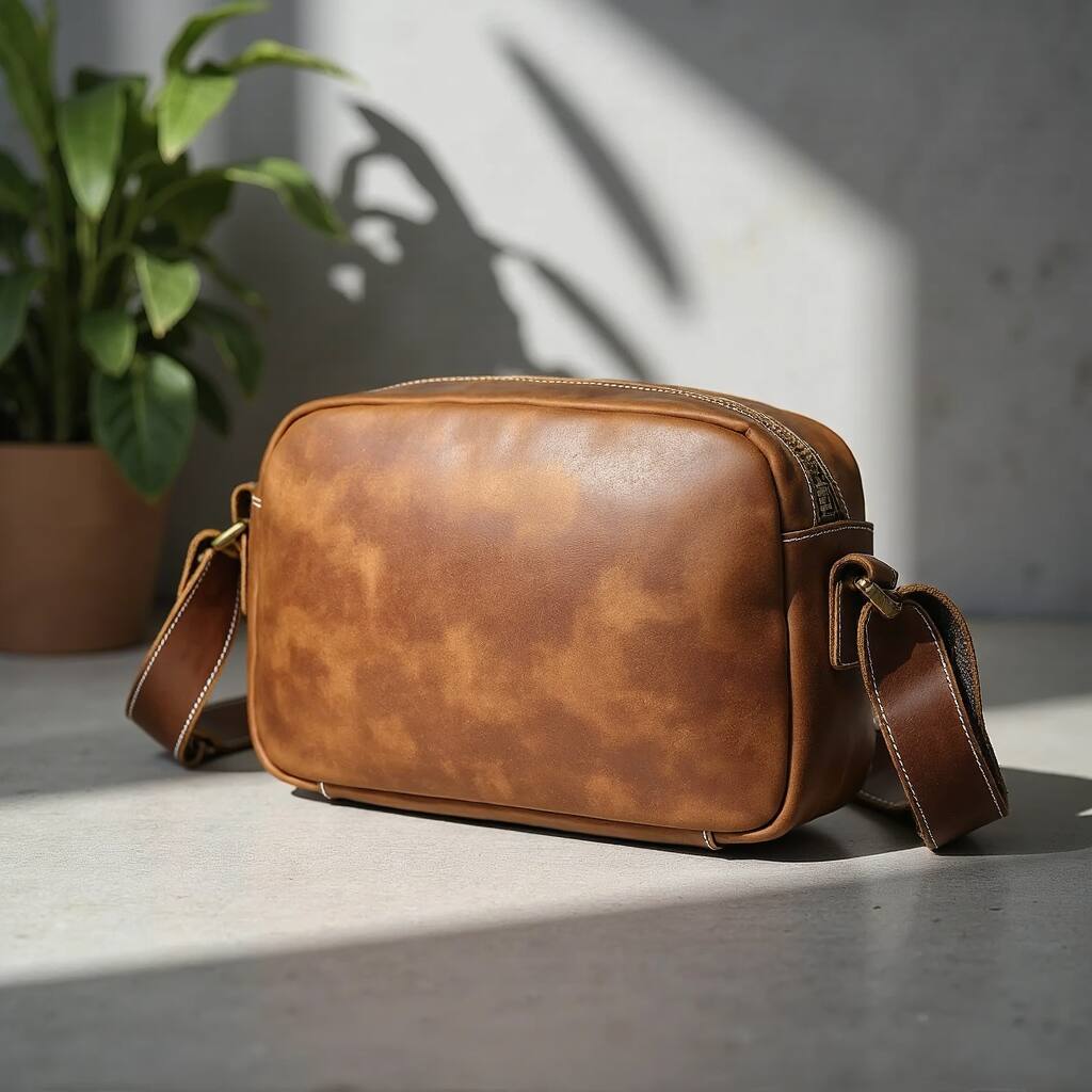Angle. Steel Horse Leather - Soren Vintage Leather Crossbody Bag Sling - Brown.