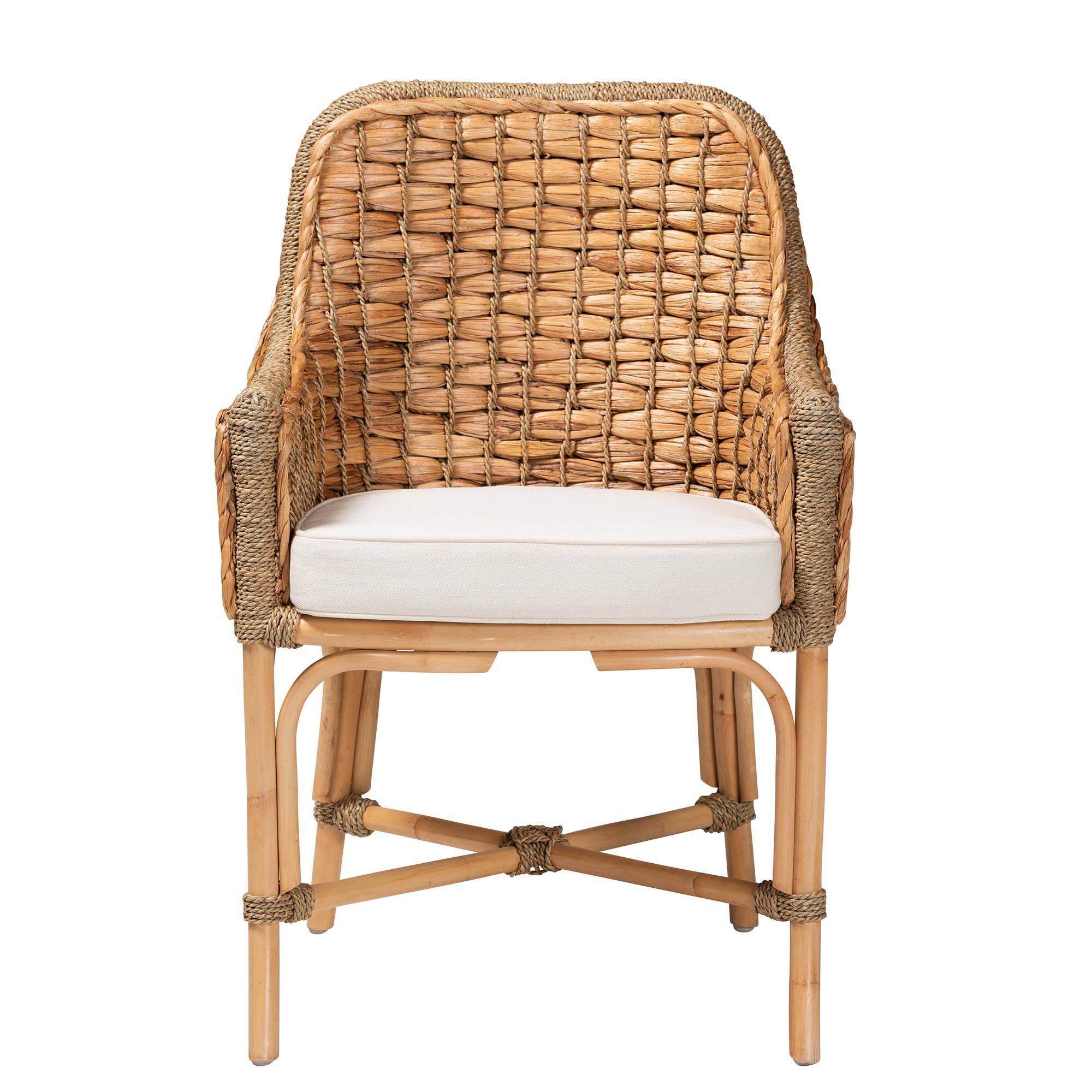 Angle. bali & pari - Kyle Modern Bohemian Woven Rattan Dining Arm Chair with Cushion - White/Natural Brown.