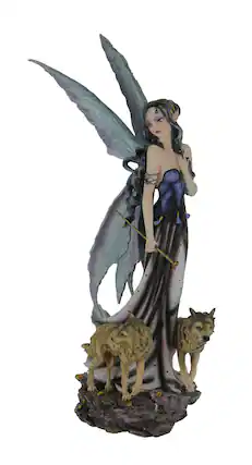 Front. Everspring Import Co. - Blue Fairy In Long Dress Walking with Twin Wolves Statue - Blue.