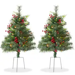 Casafield - 2 - 24in Outdoor Pathway Christmas Trees with LED Lights - Green / Red