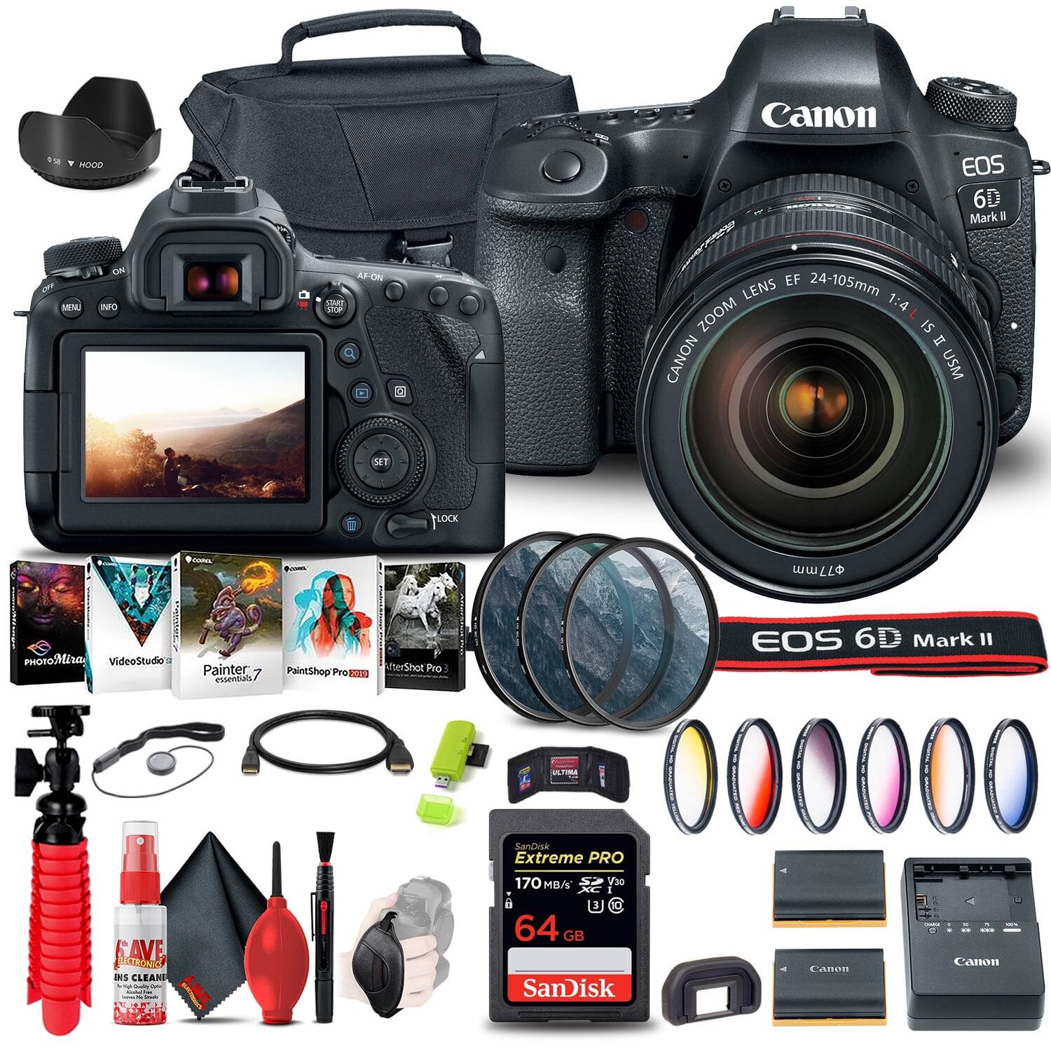 Canon EOS 6D Mark II with EF 24-105mm f/4L IS USM Lens

Accessories Included:
- Canon Lens Hood
- Camera Bag
- SanDisk Extreme PRO 64 GB SD Card (170 MB/s, V30)
- Canon Battery
- Cleaning Kit (Lens Cleaning Spray, Brush, Cloth)
- Tripod
- Memory Card Reader
- USB Cable
- Camera Strap
- ND Filters
- Color Filters
- PhotoMirac, VideoStudio, Painter 7, PaintShop Pro, AfterShot Pro 3 Software

Additional Items:
- Lens Cap
- Camera Cap