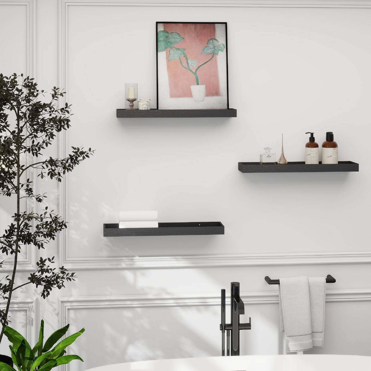 Alt View 2. BOMEDA - 2 Pack 16 in Floating Shelves for Wall, Rustic Wooden Wall Shelves with Raised Lip for Bathroom, Bedroom, Kitchen - Black.