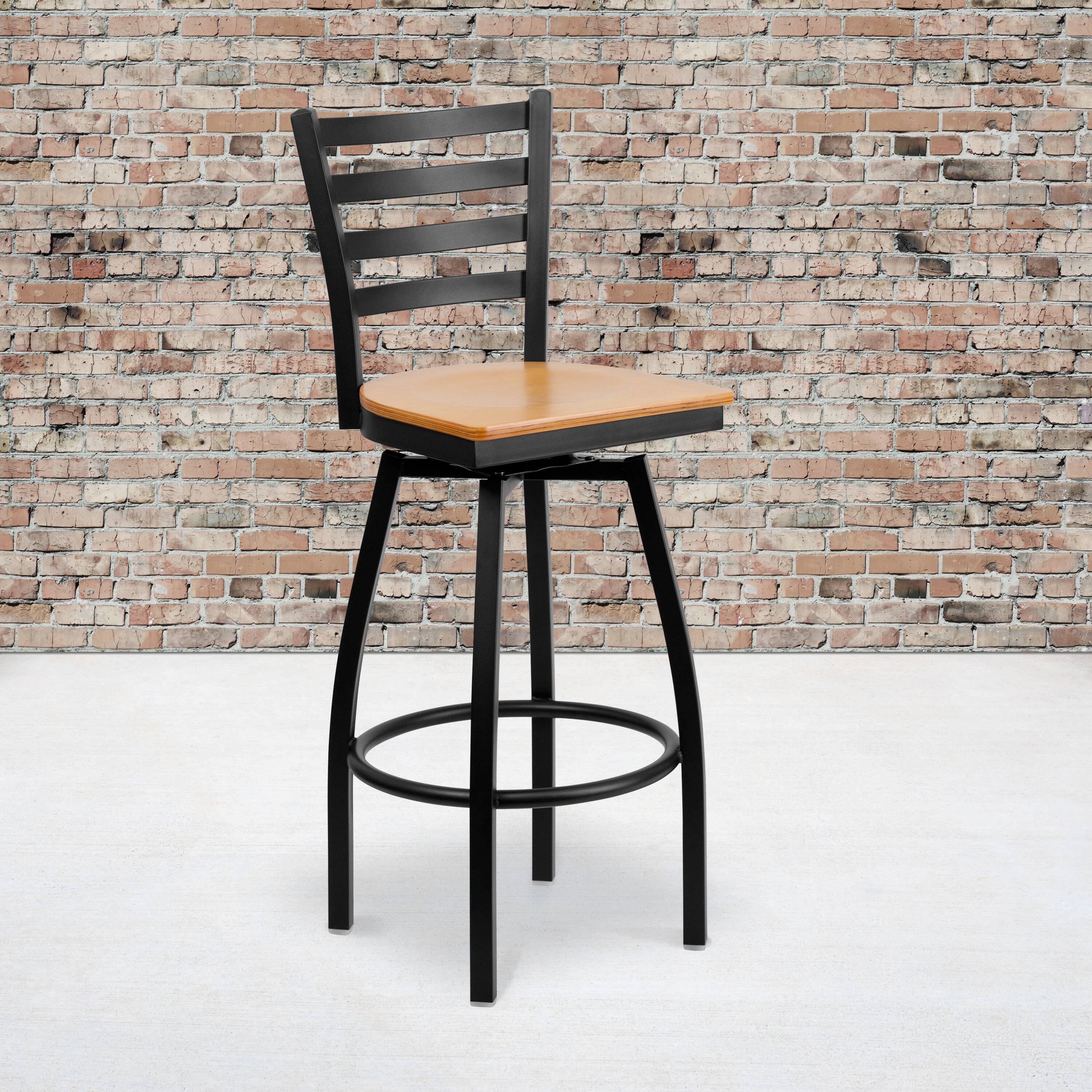 Alt View 1. Emma + Oliver - Ladder Back Swivel Metal Restaurant Dining Barstool - Natural Wood Seat/Black Metal Frame.