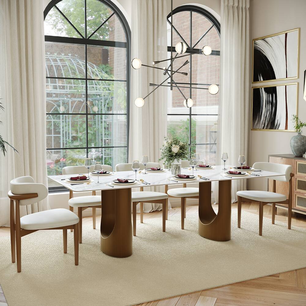 Left. POVISON - 93.7"Modern Luxury Dining Table for 8, Glossy White Sintered Stone Table, Rectangular Dining Room Table, Double Pedestal - White.