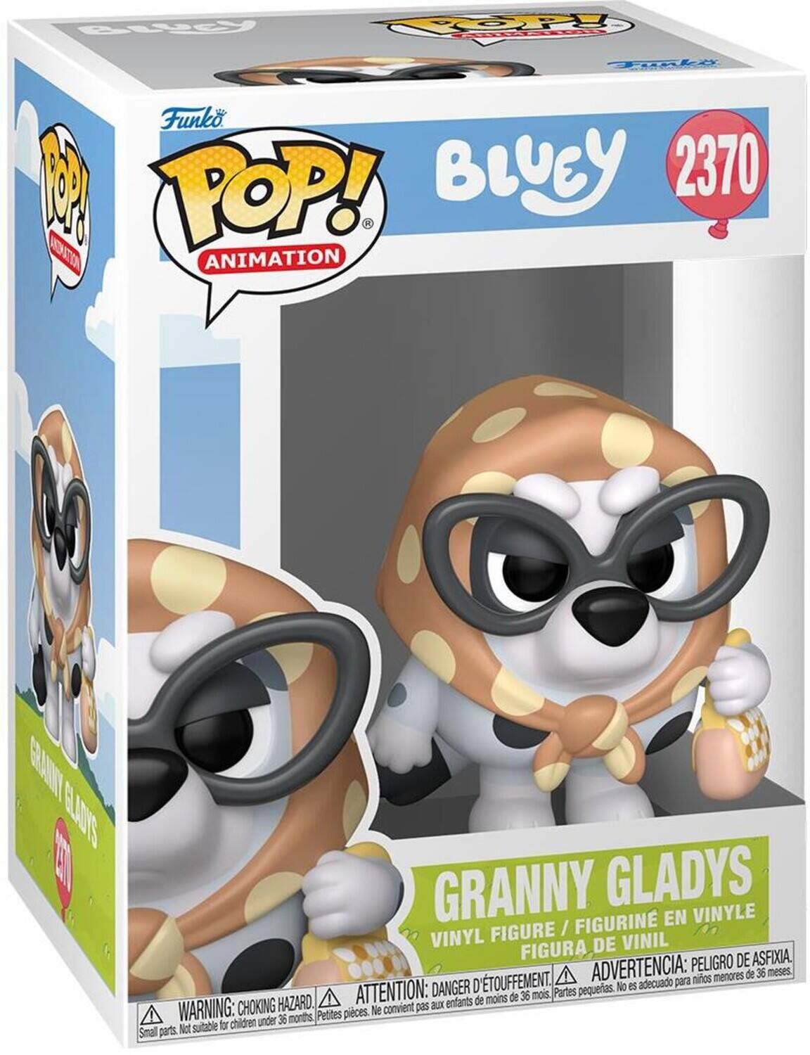 BLUCY  
OOP!  
Funko Funko 100 POP! BLUEY 2370 ANIMATION ANIMATION  
M GRANNY GLADIS GRANNY GLADYS FIGURIN EN VINYLE FIGURE / VINYL FIGURA DE VINIL  
ADVERTENCIA: PELIGRO DE ASFIXIA. menores de 36 meses. D'TOUFFEMENT, adecuado para nios ATTENTION: DANGER petites. No es moins de 36 mois. Partes HAZARD. aux enfants de WARNING: CHOKING Petites pices, Ne convient pas children under 36 months. Not suitable for Small parts.