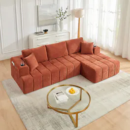 Anysun - 108" L-Shaped Compression Chenille Sectional Sofa with Right Chaise, Cup Holders & Side Pockets, No Assembly - Orange