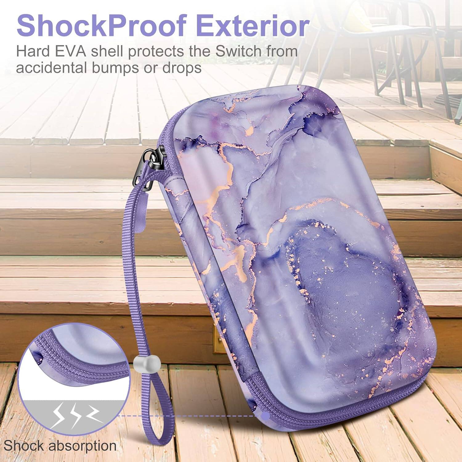 ShockProof Exterior  
Hard EVA shell protects the Switch from accidental bumps or drops  
Shock absorption