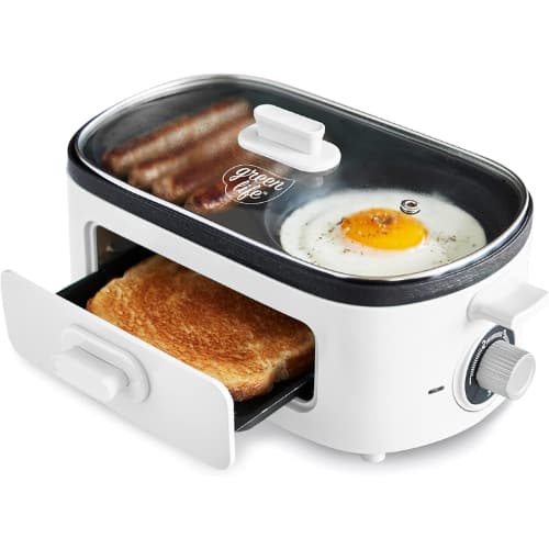 GreenLife - 3-in-1 Breakfast Maker Station, Ceramic Nonstick Dual Griddles, Toast Drawer, Timer - White