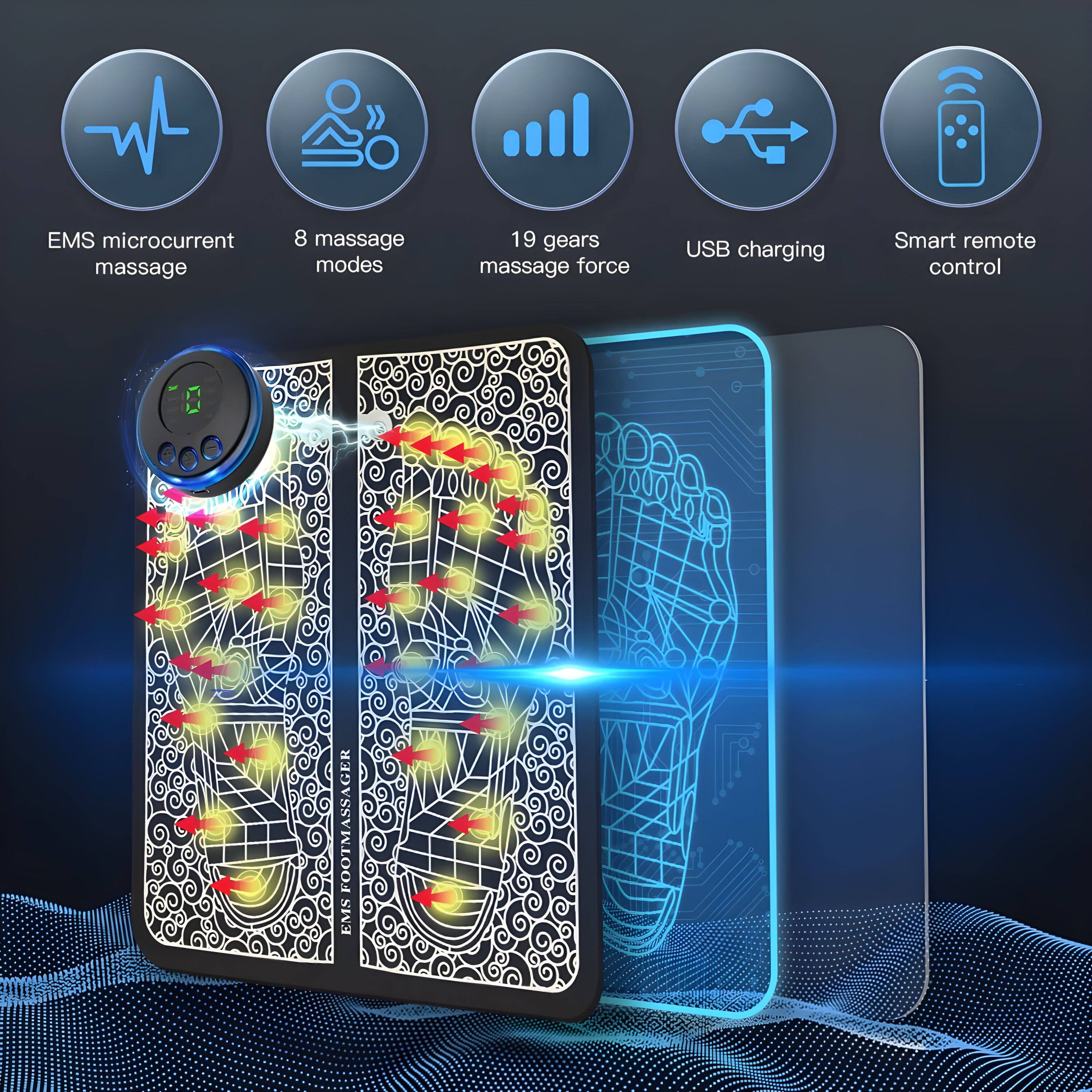 EMS microcurrent massage  
8 massage modes  
19 gears massage force  
USB charging  
Smart remote control  

EMS FOOT MASSAGER