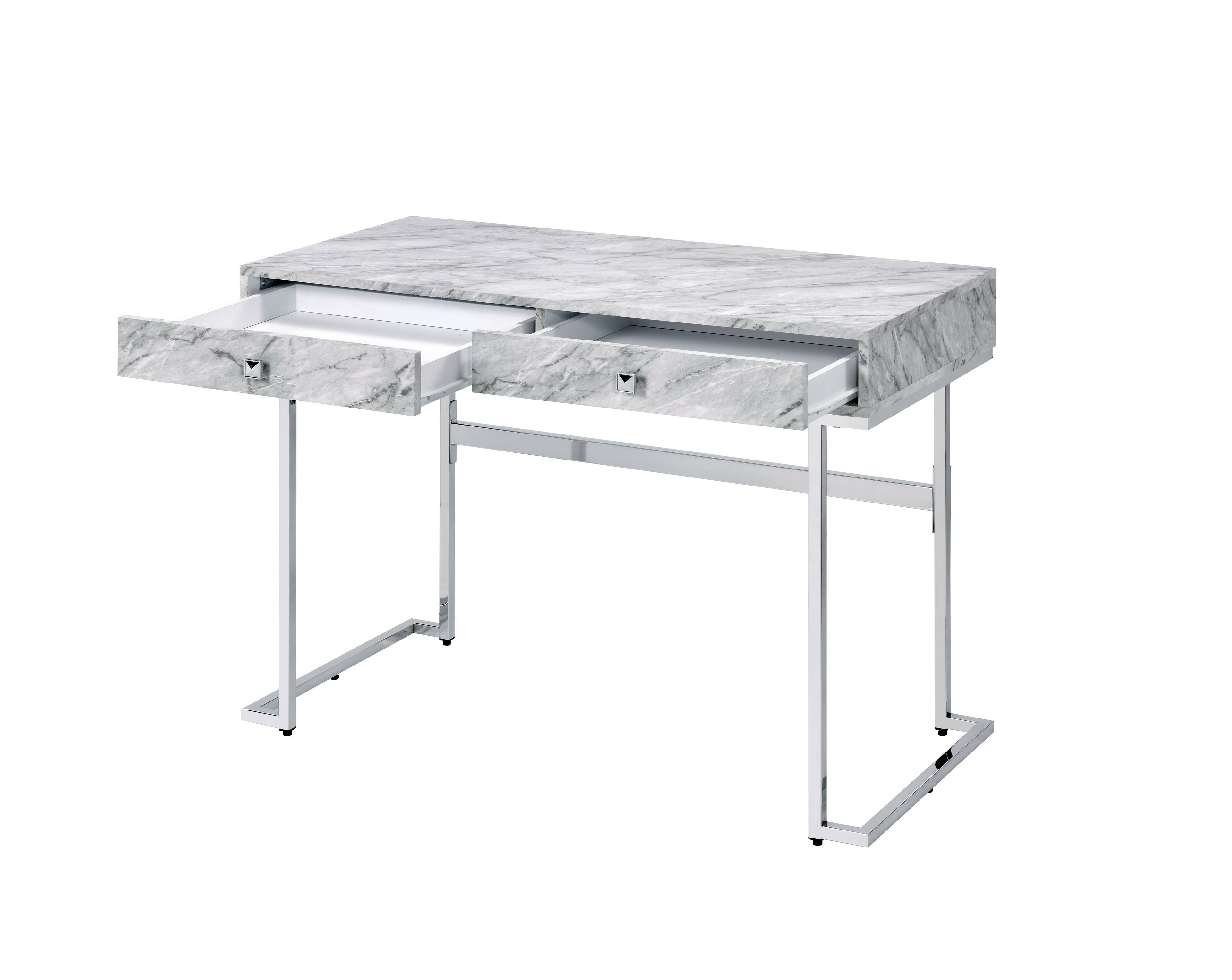 Left. TinyHomie - Tigress White Printed Faux Marble Top and Chrome Finish Writing Desk - White.