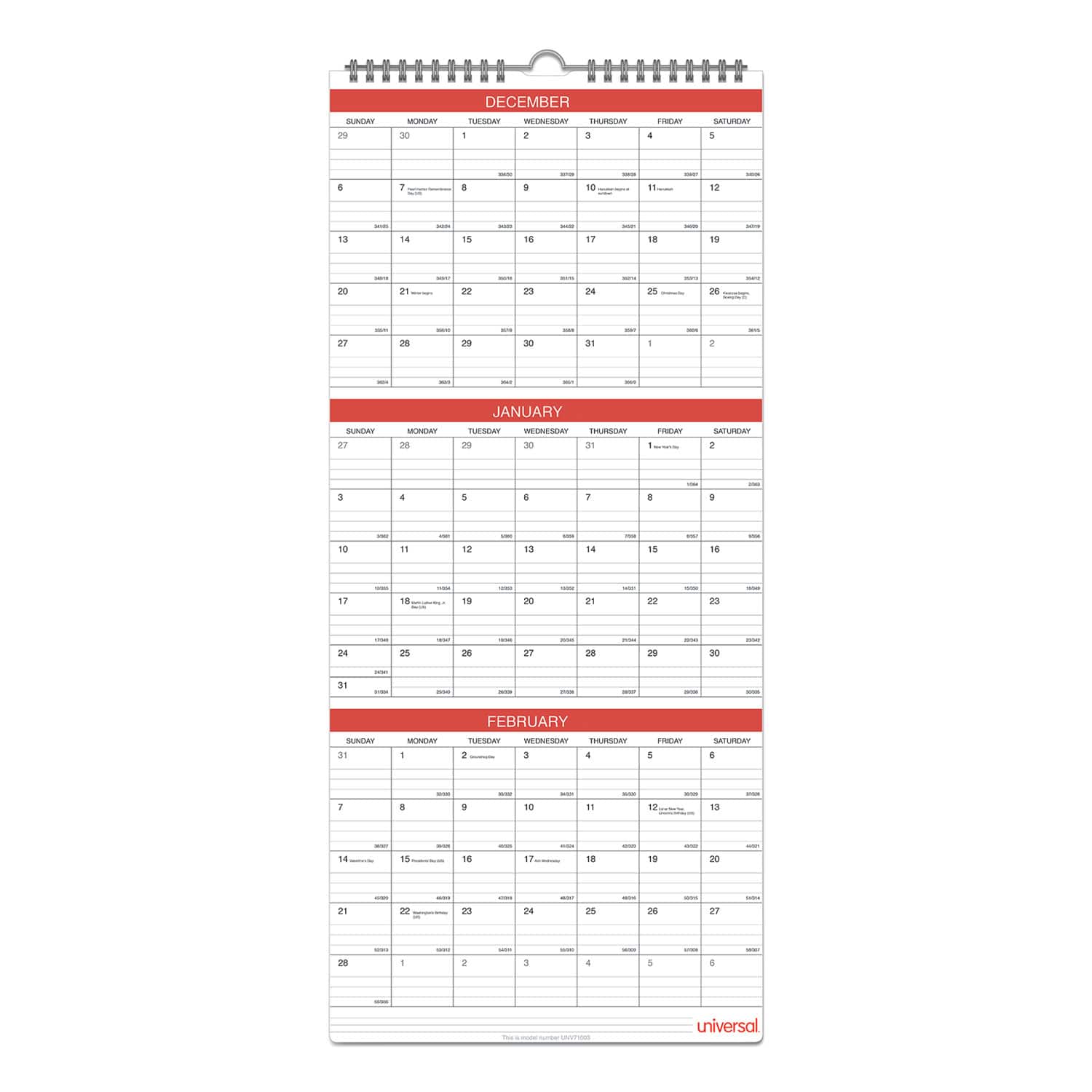 Universal - Three-Month Wall Calendar, 12 x 27, White/Red Sheets, 14-Month: Dec 2025 to Jan 2027