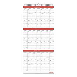 Universal - Three-Month Wall Calendar, 12 x 27, White/Red Sheets, 14-Month: Dec 2025 to Jan 2027