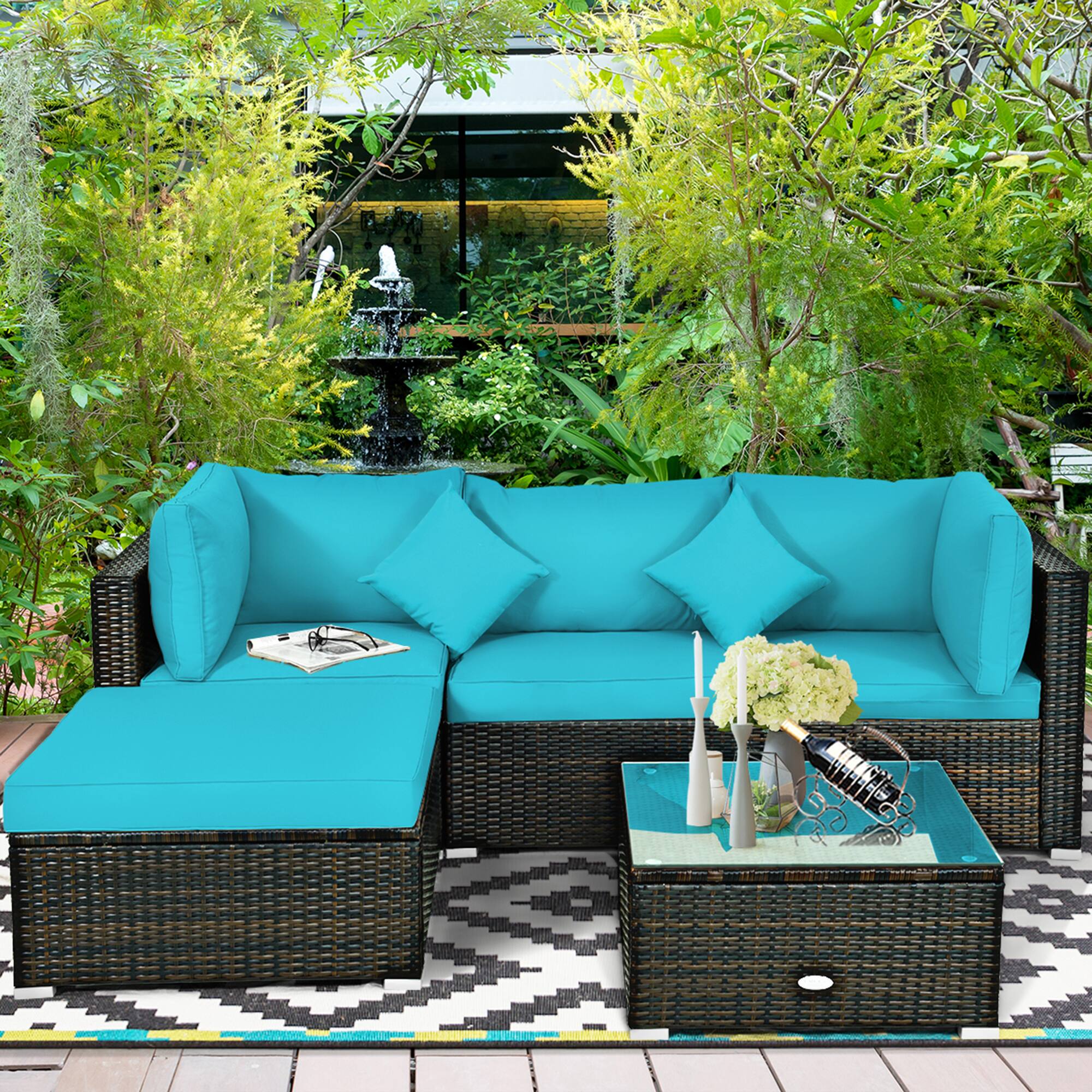 Alt View 2. Gymax - Gymax 5PCS Rattan Patio Conversation Set Outdoor Furniture Set w/ Ottoman Turquoise Cushion - Turquoise.