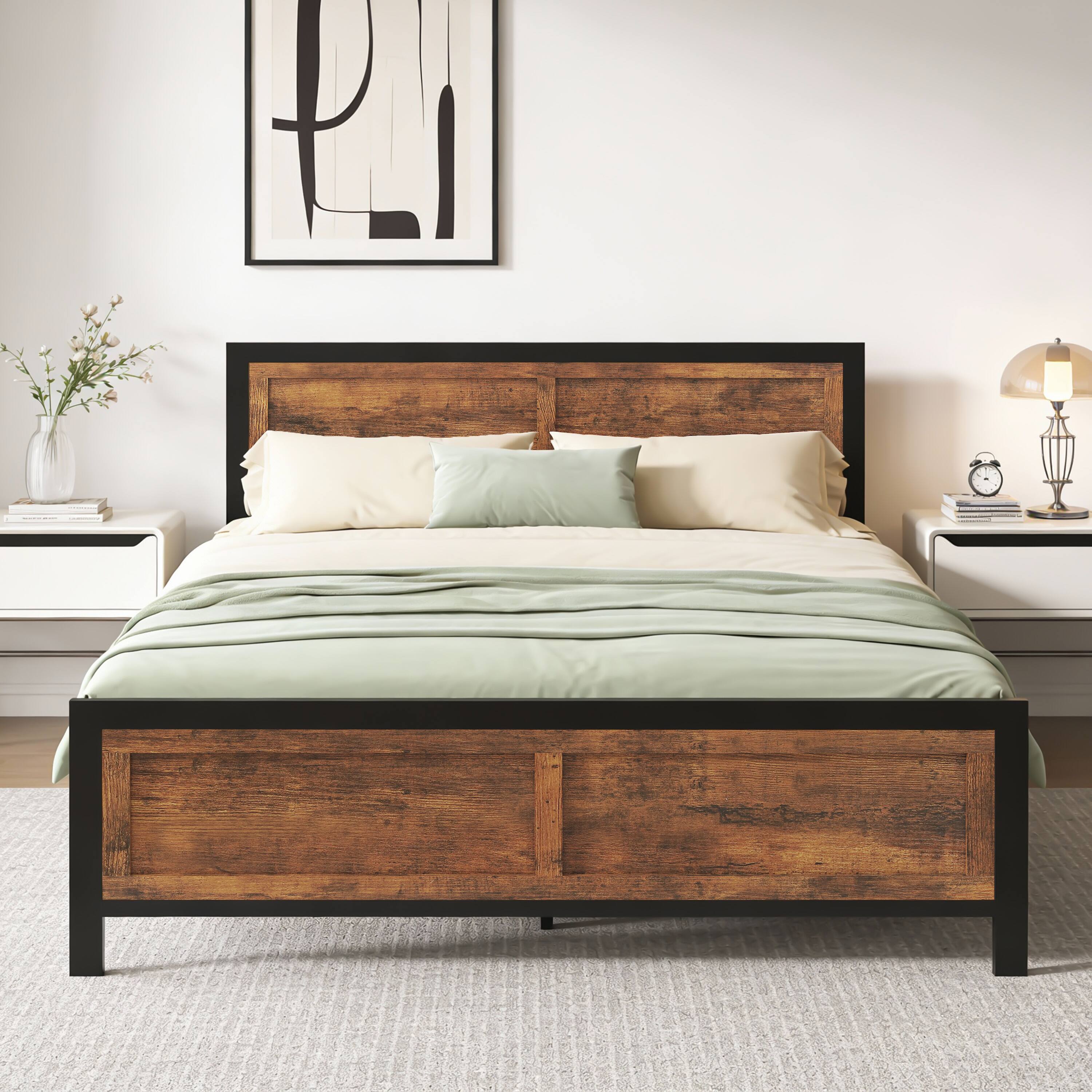 Angle. Dyonery - Queen-size bed frame with 4 storage compartments, featuring a sturdy metal support platform base paired . - Brown.