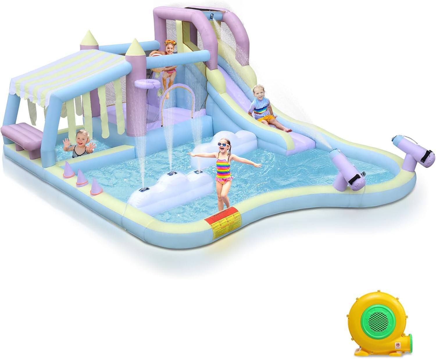 Left. 10:10 Games - nflatable Bounce House with 750W Air Blower, Outdoor Water Slide Park W/Cloud Spray Water, Jumping Area & Playhouse.