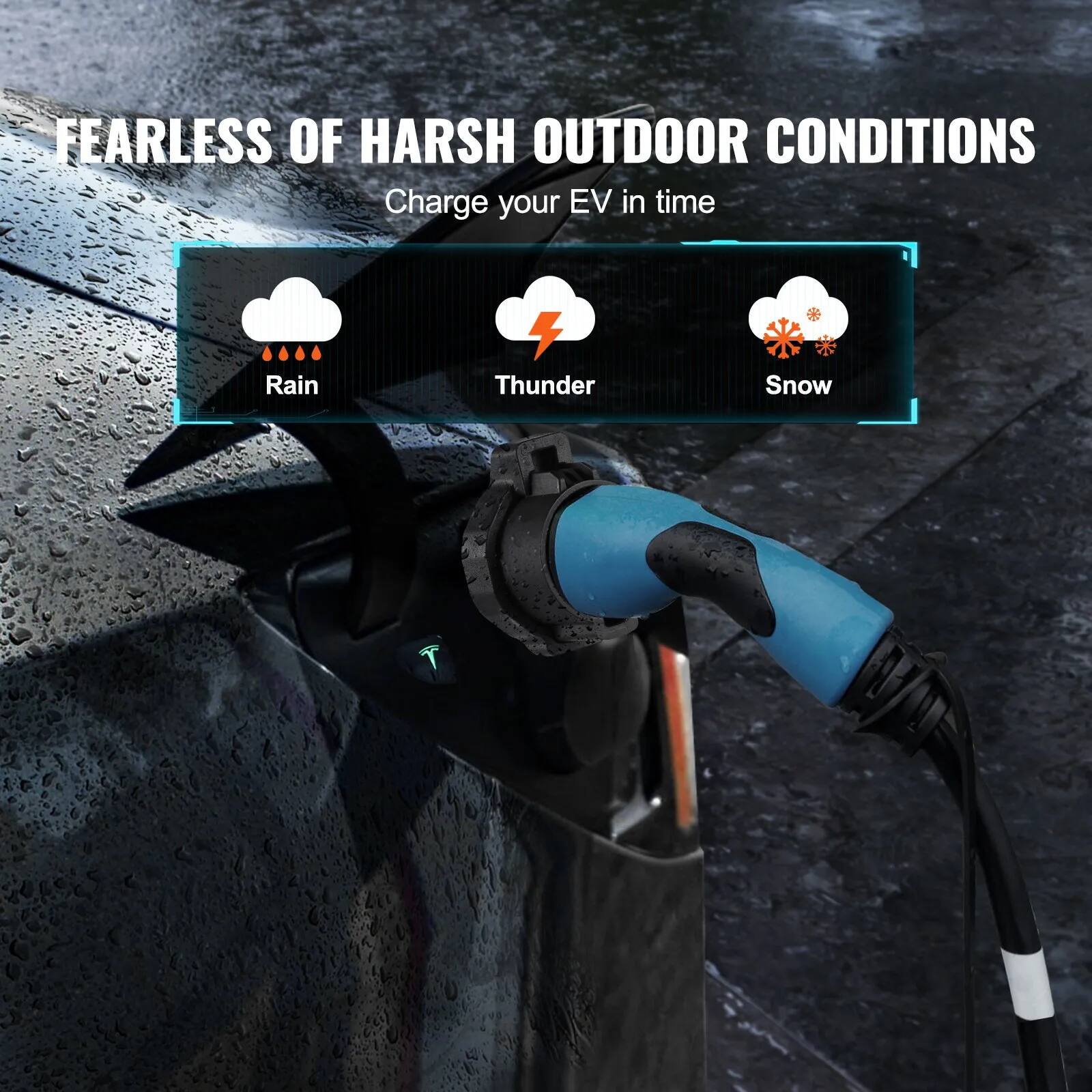 FEARLESS OF HARSH OUTDOOR CONDITIONS  
Charge your EV in time  

Rain  
Thunder  
Snow