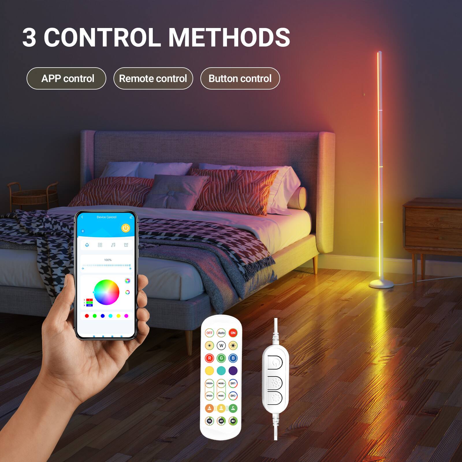 3 CONTROL METHODS

- APP control
- Remote control
- Button control