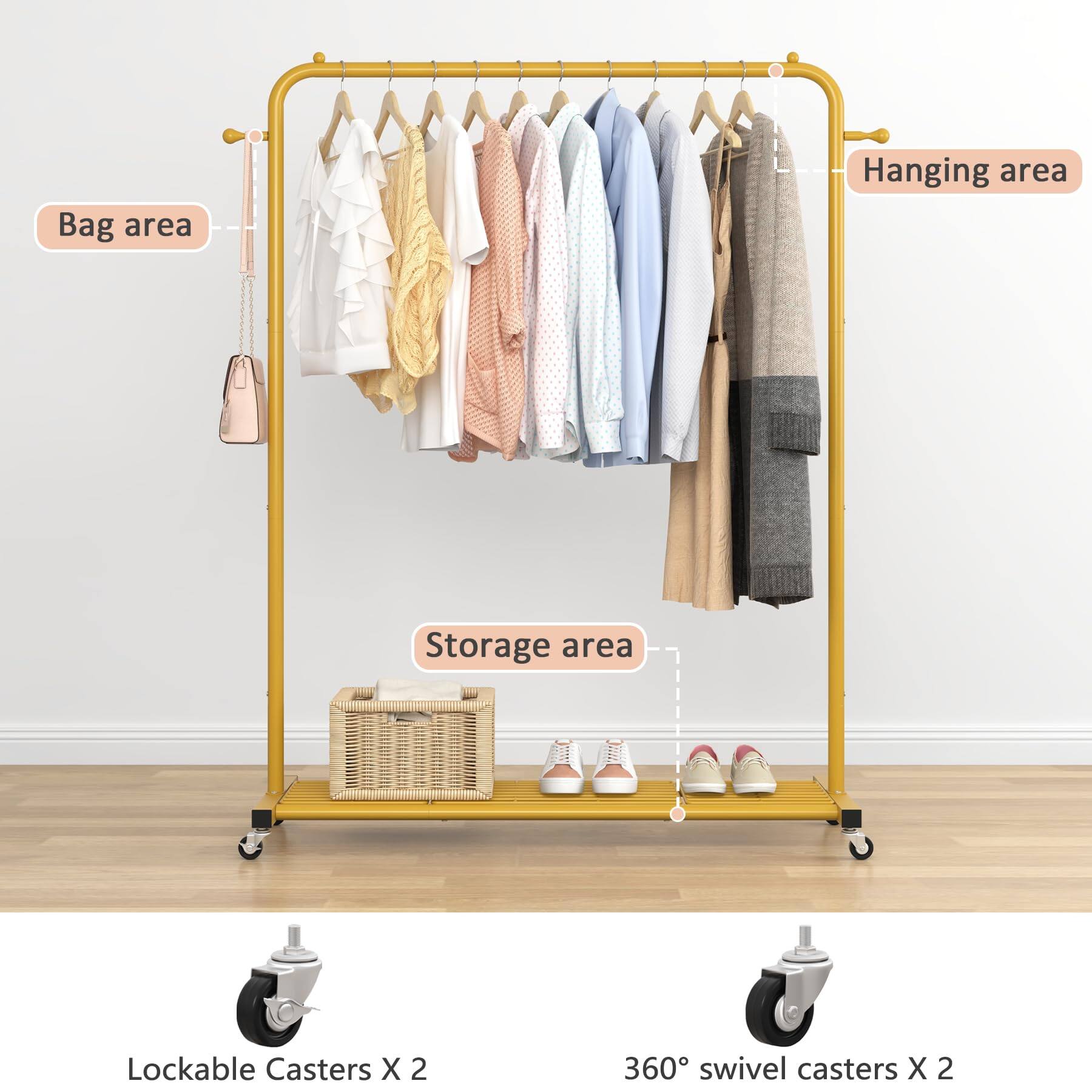 - Bag area
- Hanging area
- Storage area
- Lockable Casters X 2
- 360° swivel casters X 2