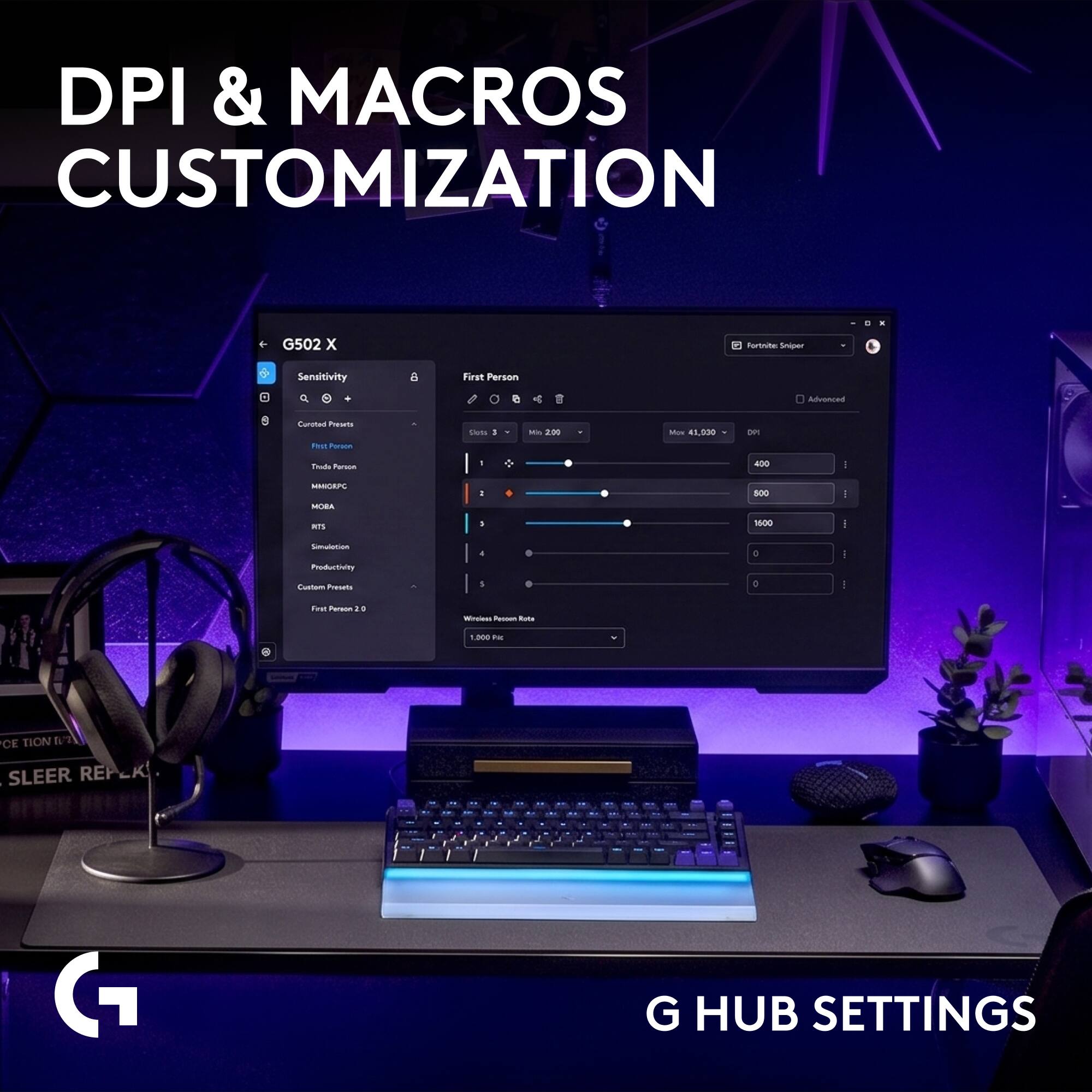 DPI & MACROS CUSTOMIZATION

K
+ G502 X
Fortnite Sniper
Sensitivity
8
First Person
&
Advanced
Curated Prevents
Dots 1
Min 2:00
Mos 41,030
DPI
First Person
Trada Person
I
400
|
MHIORPC MORA
:
500

RTS
!
1500
Simulation Productivity

Custom Presets
0
First Person 20
Vircless Recoun Route
1,000 Pac
CE TION M
SLEER RE

-
21
-

in
1
G HUB SETTINGS