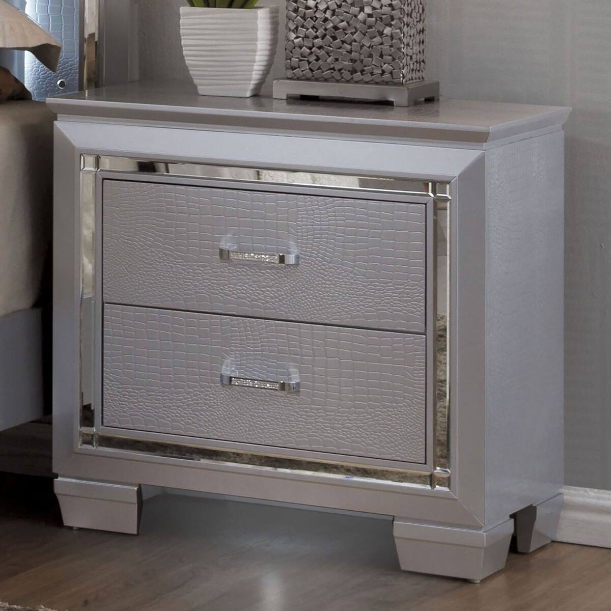Angle. Loheer - Loheer Silver Two Drawer Nightstand with Built In LED Light and Mirror Inserts - Silver.