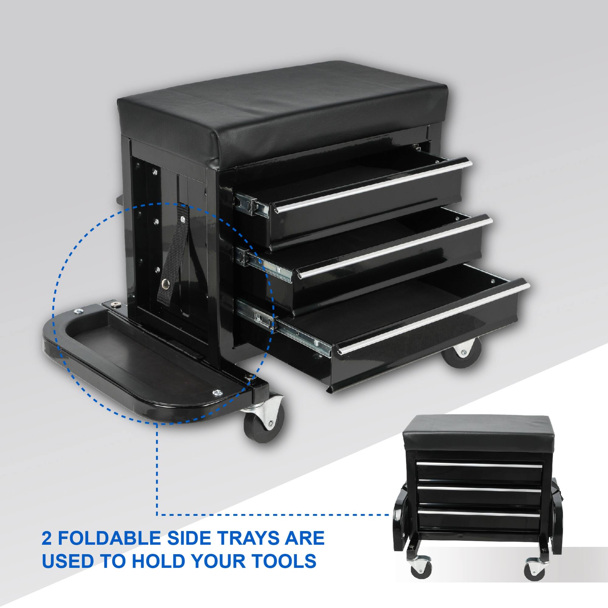 2 foldable side trays are used to hold your tools.