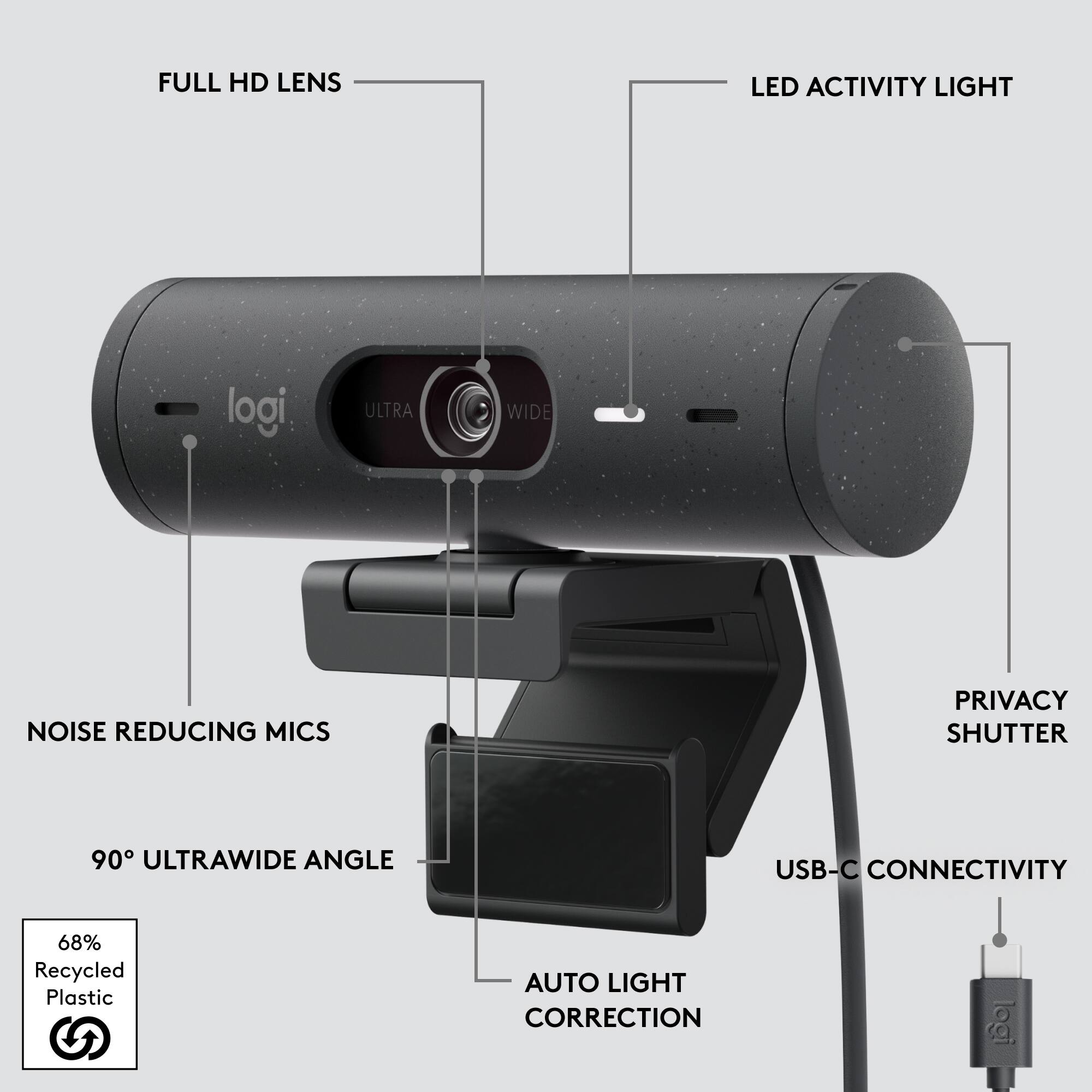 Full HD Lens, LED Activity Light, Ultra Wide Angle, Noise Reducing Mics, Privacy Shutter, 90 Ultra Wide Angle, USB-C Connectivity, Auto Light Correction, Logi.