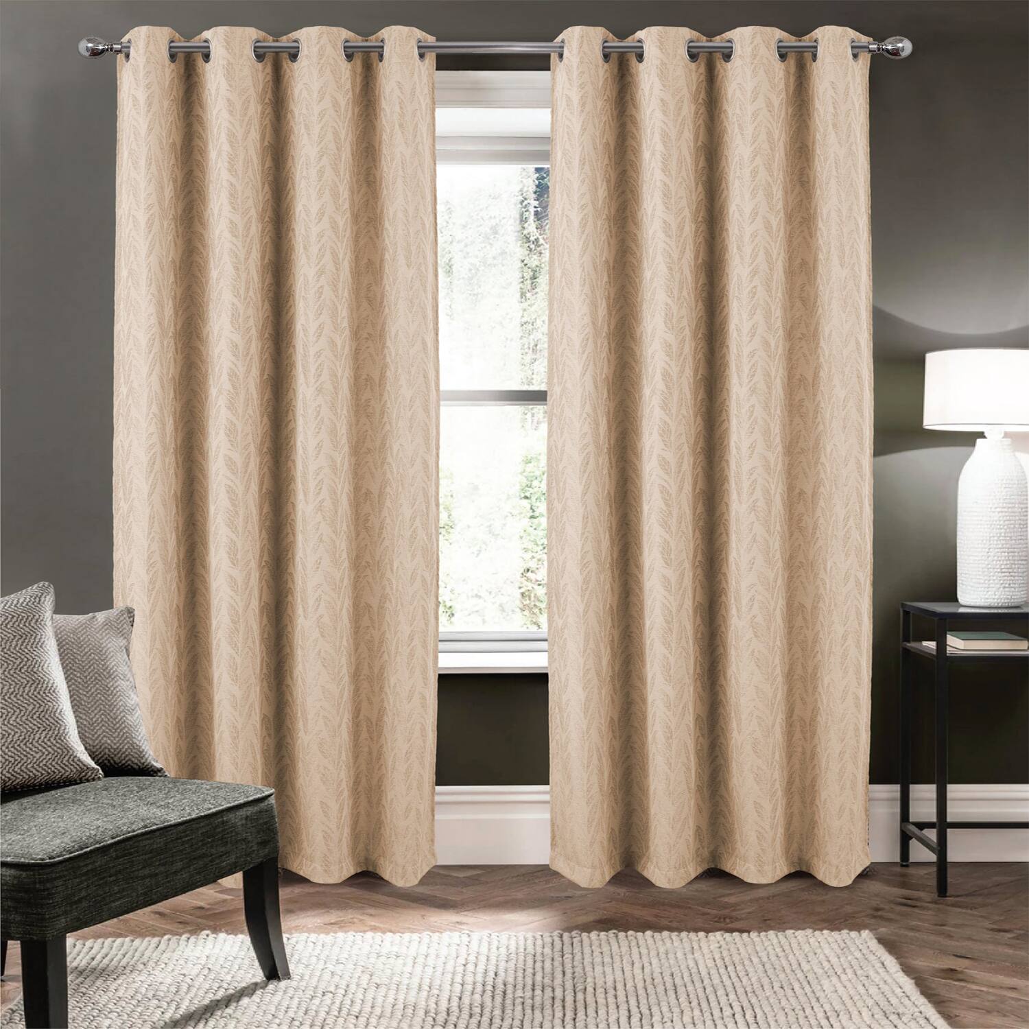 Angle. RT Designers Collection - RT Designers Collection 100% Polyester 270 GSM Reba Luxury Jacquard Blackout Grommet Curtain Panel 54" x 90" Taupe - Taupe.