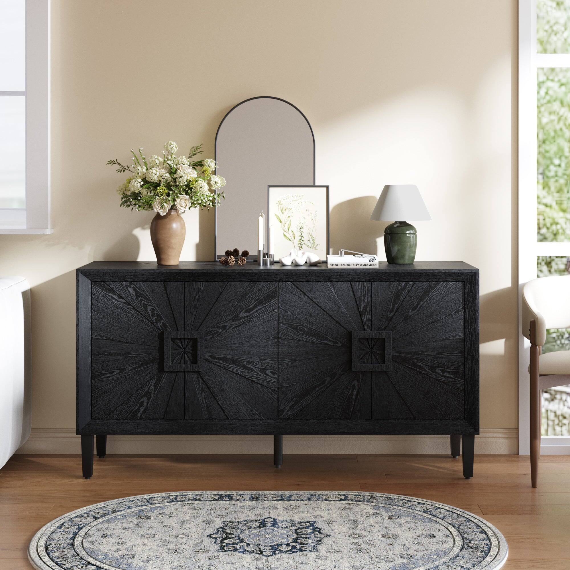 Alt View 2. Boyel Living - Sixty Inch Farmhouse Black Credenza with Sunburst Doors Adjustable Shelves Heavy Duty TV Stand - Black.