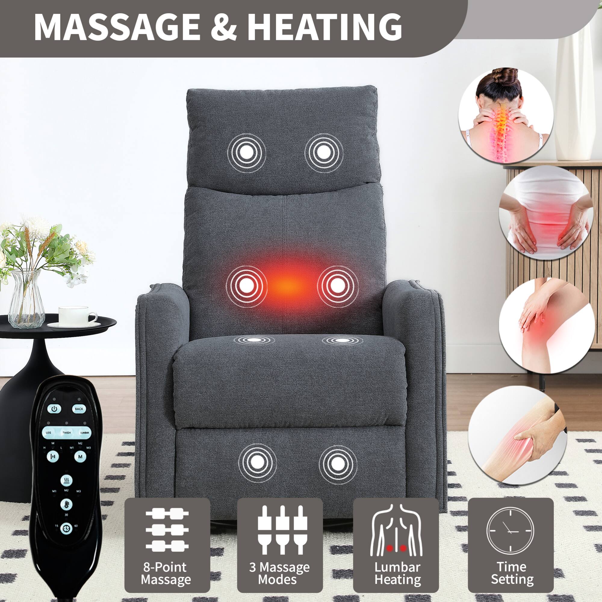MASSAGE & HEATING

- 8-Point Massage
- 3 Massage Modes
- Lumbar Heating
- Time Setting