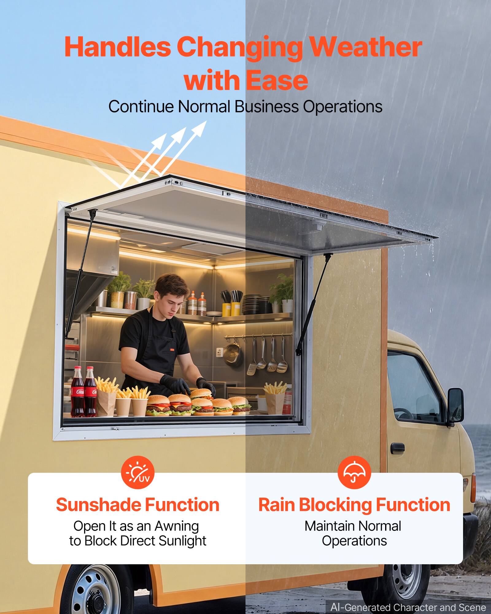 Handles Changing Weather with Ease  
Continue Normal Business Operations  

UV  
Sunshade Function  
Open It as an Awning to Block Direct Sunlight  

Rain Blocking Function  
Maintain Normal Operations  

AI-Generated Character and Scene
