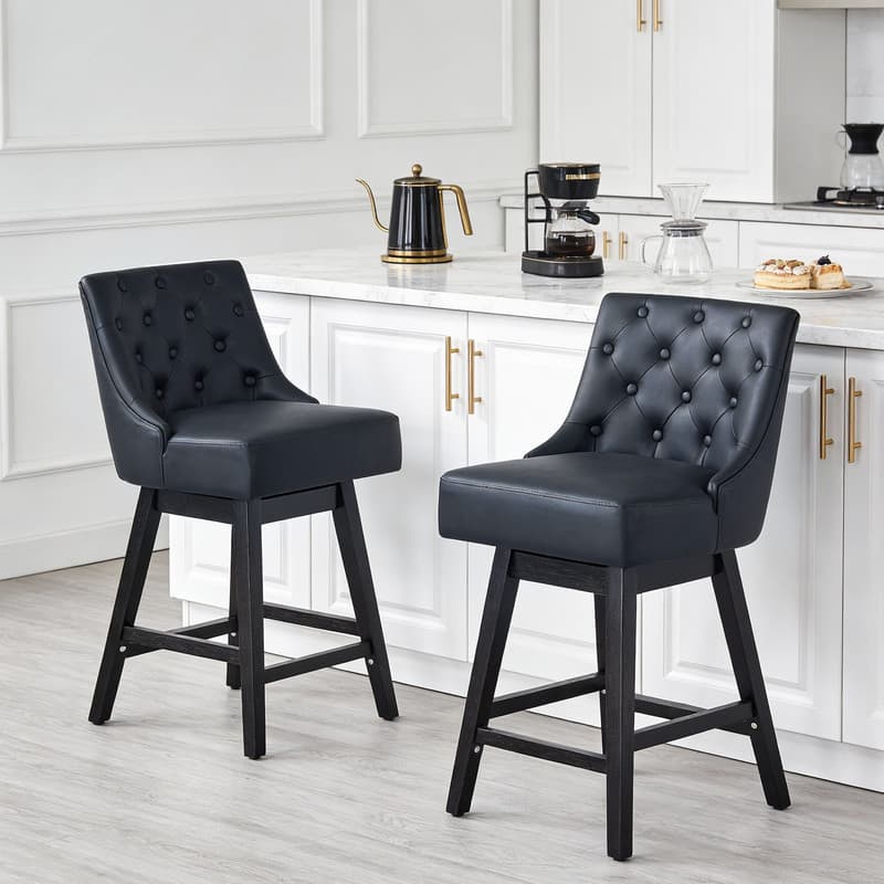 Dyonery - 2 pcs modern style bar stool, 36-inch high bar, retro diamond buckle design, rotatable, solid wood legs, PU， - Black