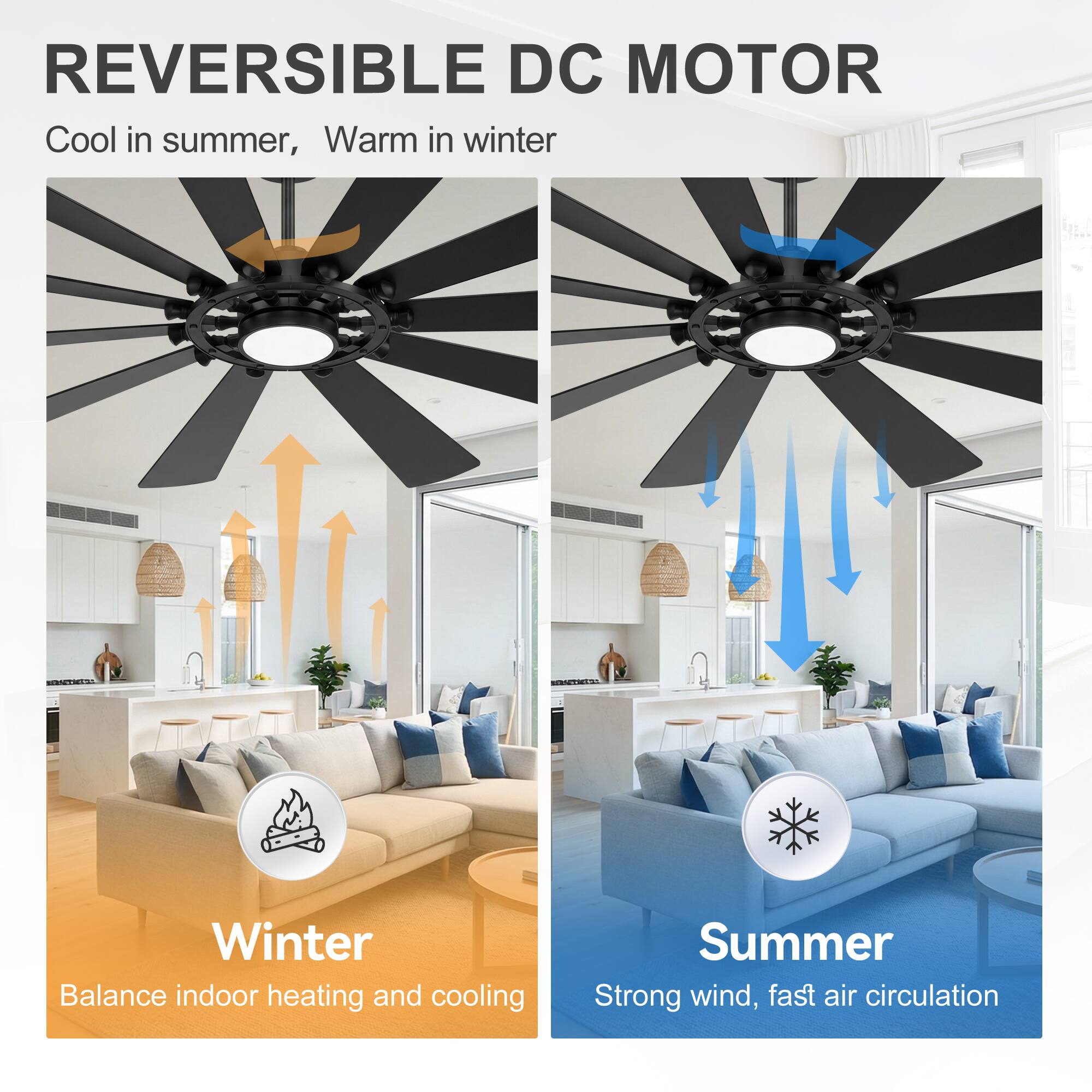 REVERSIBLE DC MOTOR  
Cool in summer, Warm in winter  

Winter  
Balance indoor heating and cooling  

Summer  
Strong wind, fast air circulation