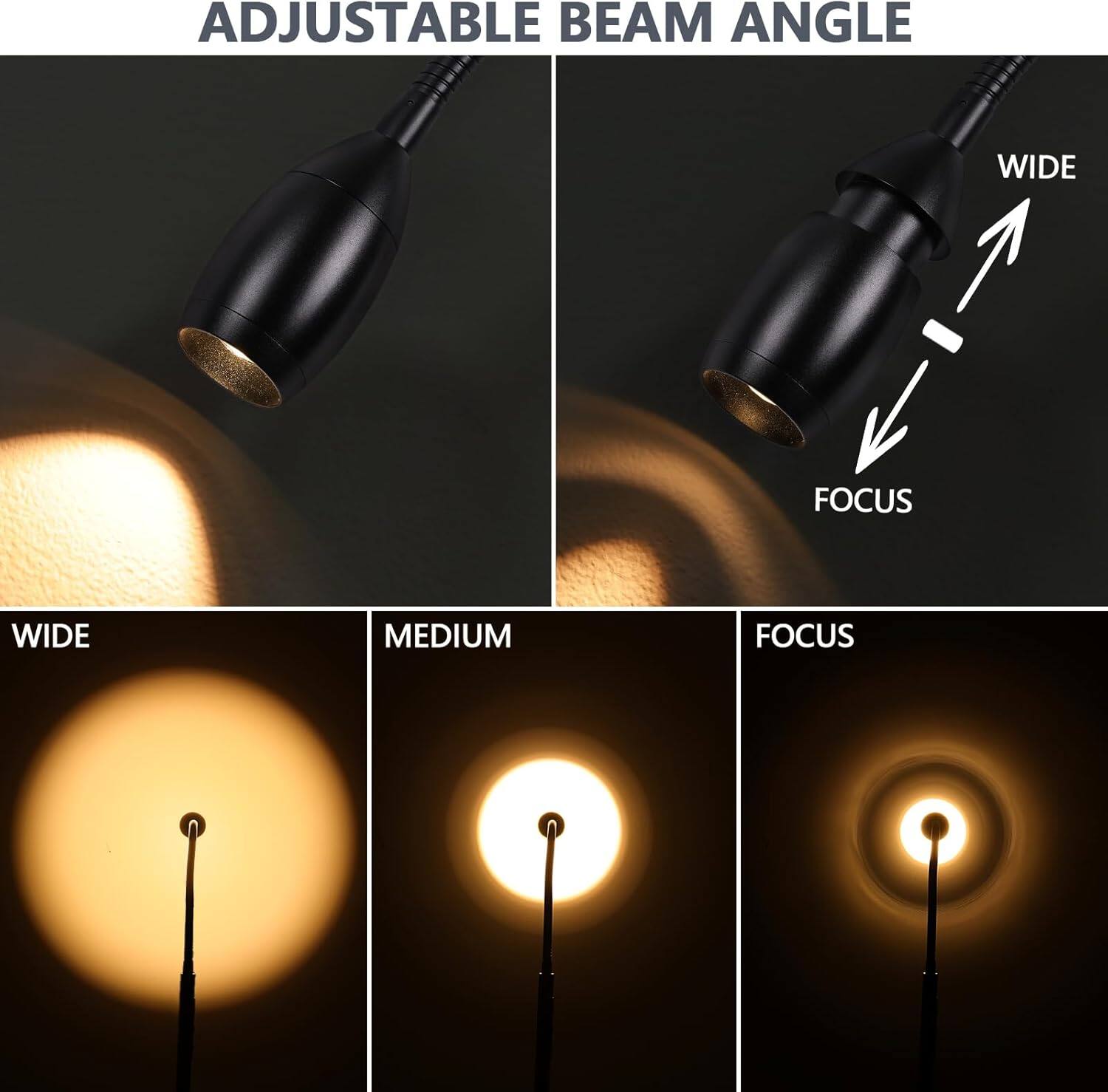 ADJUSTABLE BEAM ANGLE

WIDE
MEDIUM
FOCUS