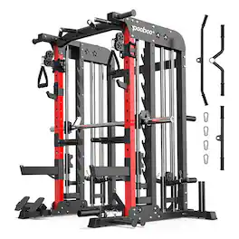 Pooboo - Multi-Function Power Tower with Squat Rack, Home Power Cage With Dual Pulley Cross-Training System - Black