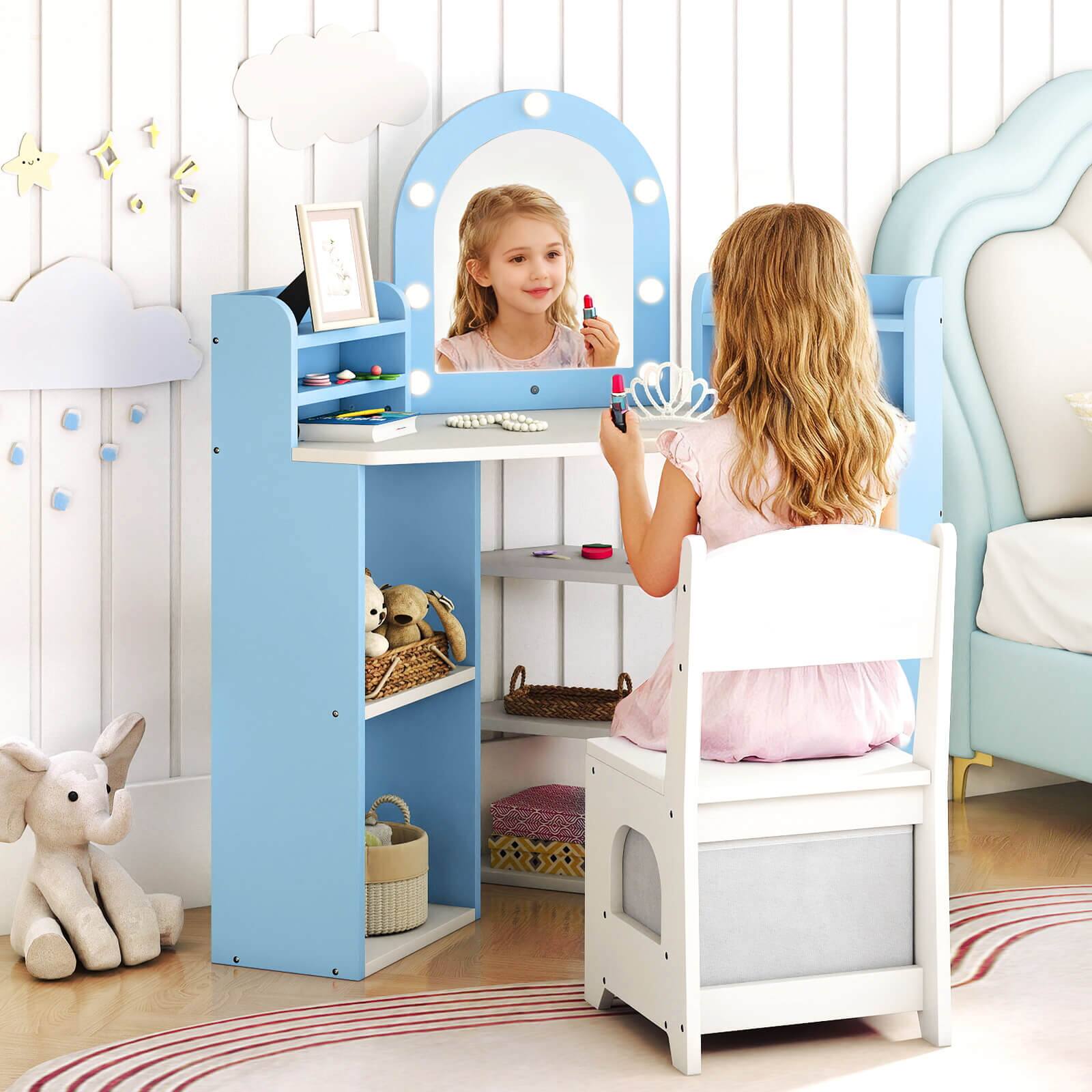 Alt View 4. Costway - Costway Corner Kids Vanity with Lights, 3 Storage Shelves, 5 Open Compartments, Accessories - Blue + White.