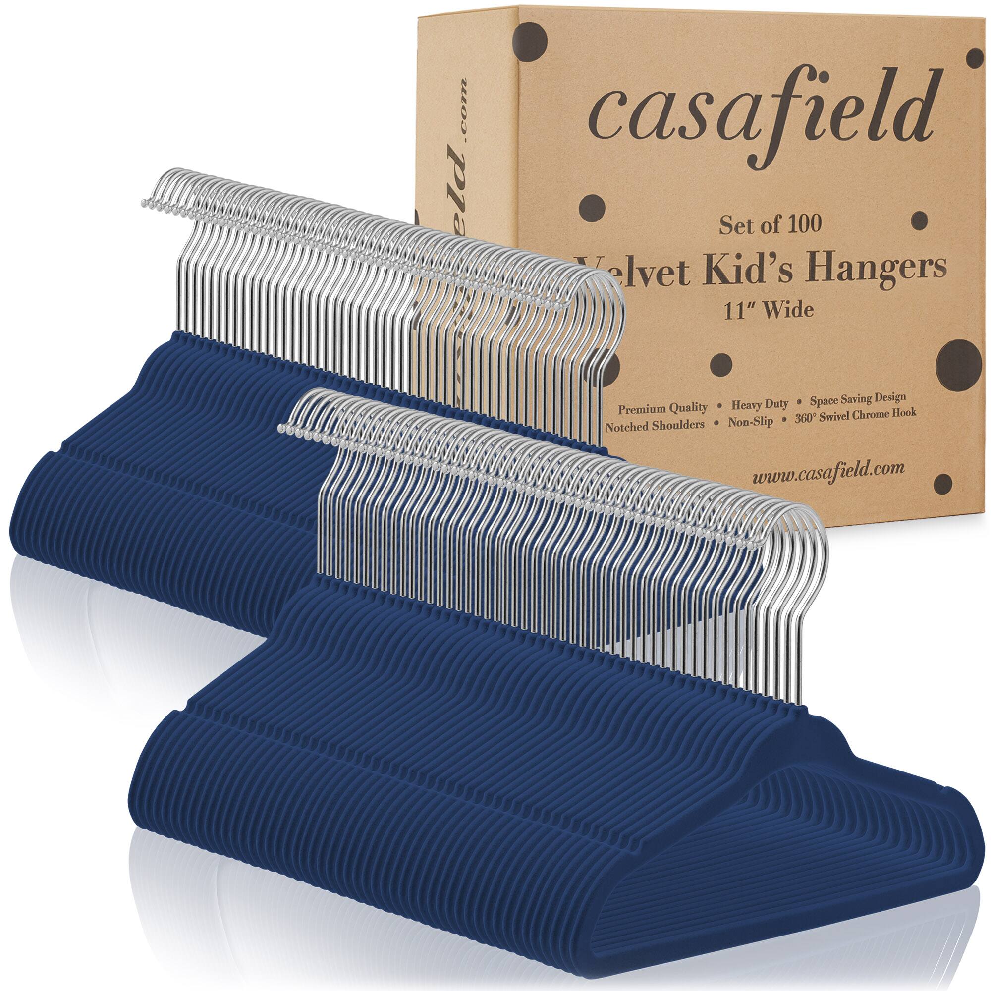 casafield Set of 100 Velvet Kid's Hangers 11" Wide Space Saving Design Premium Quality Heavy Duty Swivel Chrome Hook Non-Slip 300 Notched Shoulders www.casafield.com