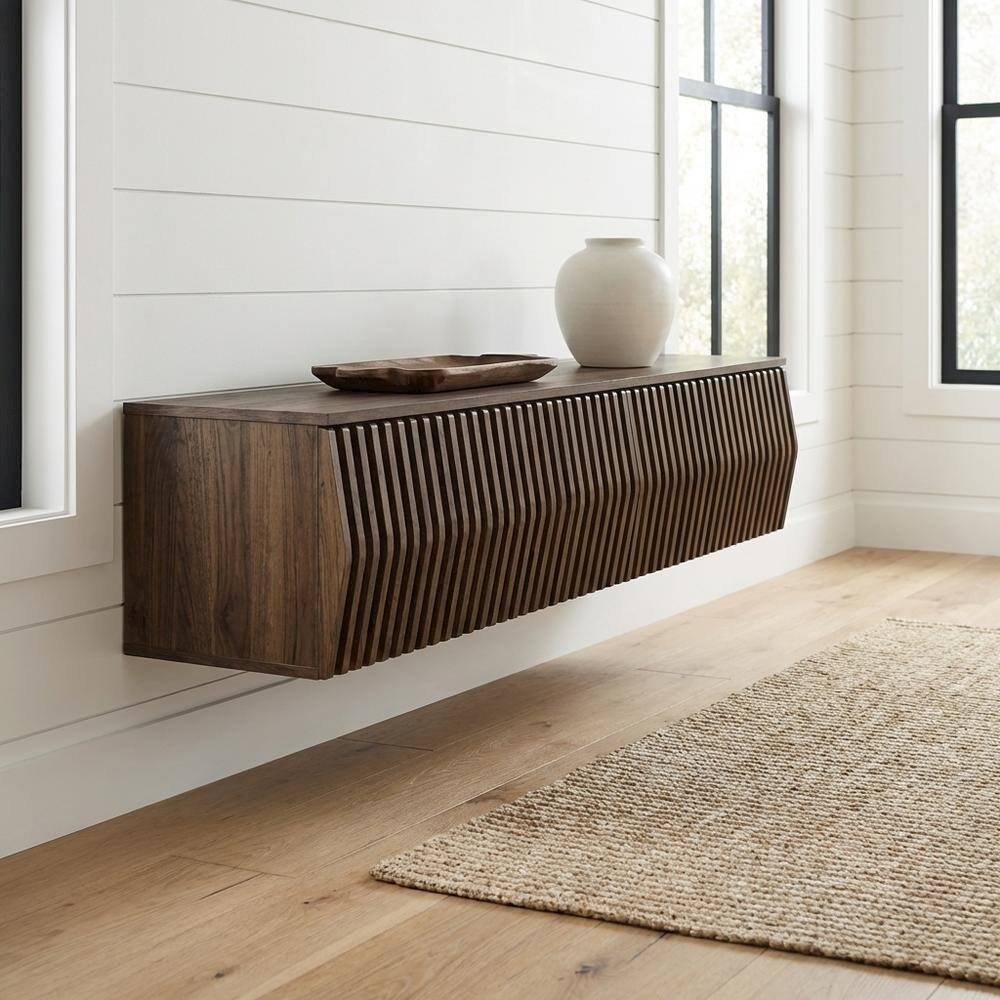 Angle. FurniFact - Brown Wall Mount TV Stand with Engineered Wood Finish - Brown.